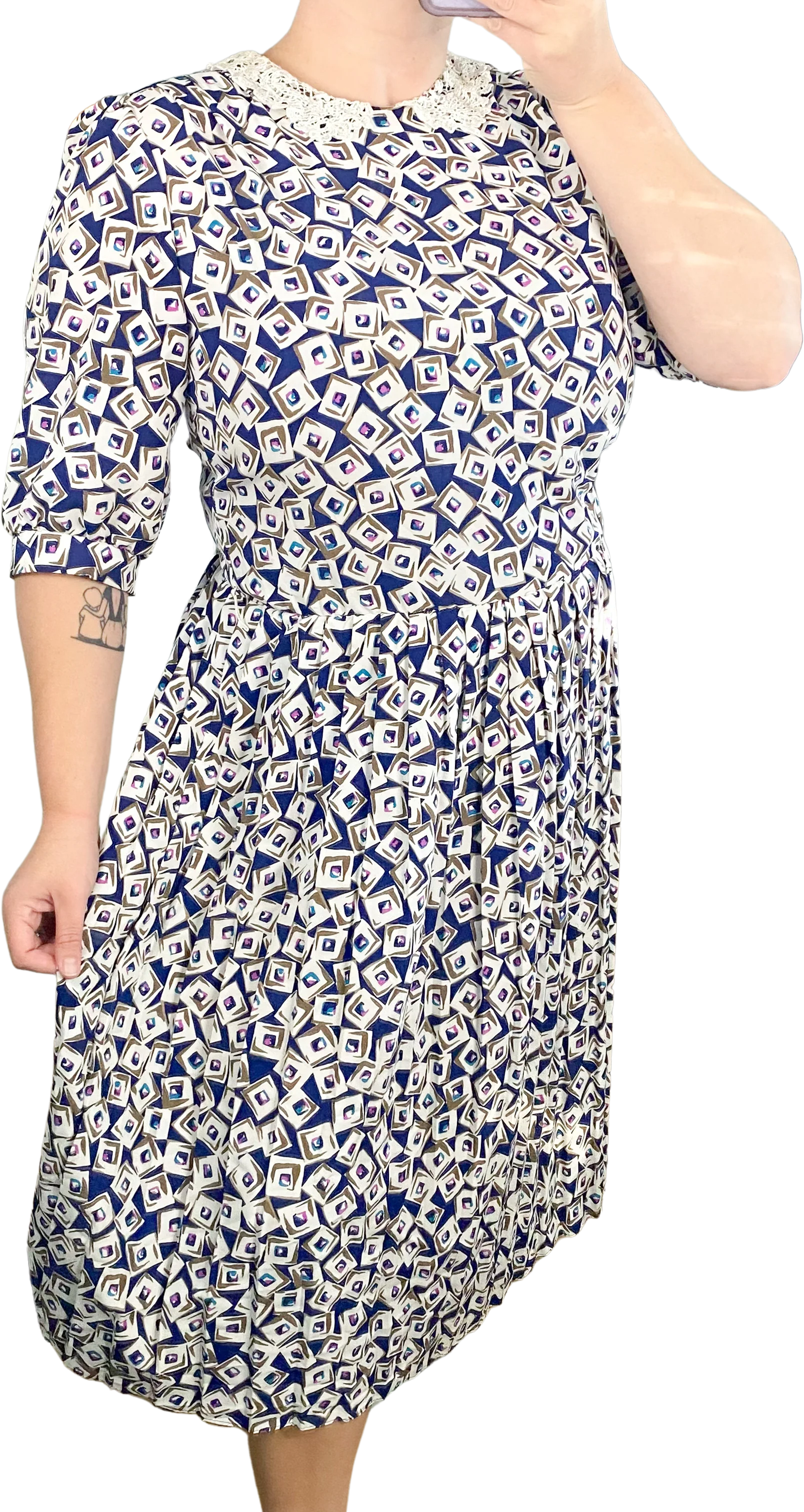 70s/80s Midi Dress Maxi Geometric Pleated Peter Pan Collar By Breli Originals