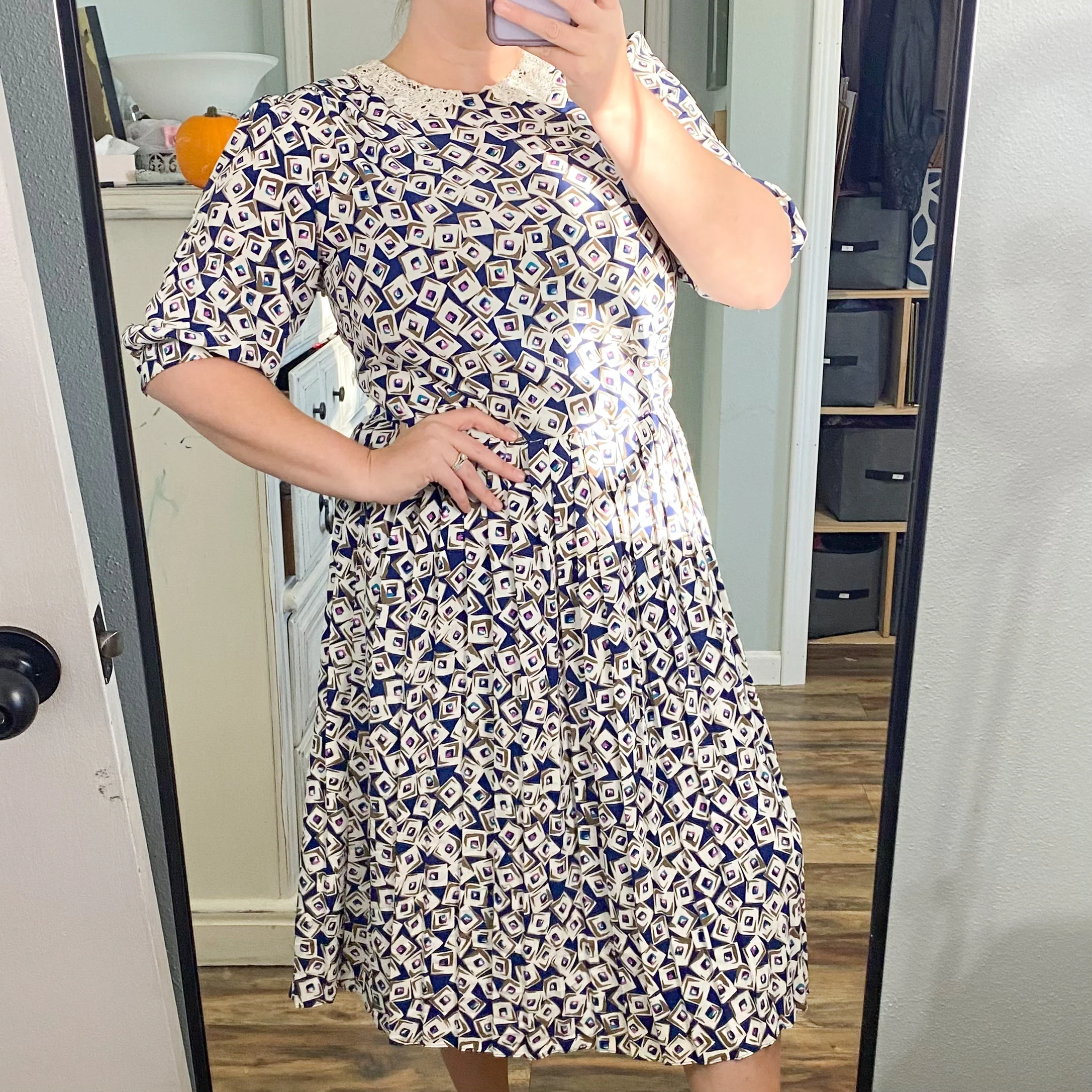 70s/80s Midi Dress Maxi Geometric Pleated Peter Pan Collar By Breli Originals - Image 8