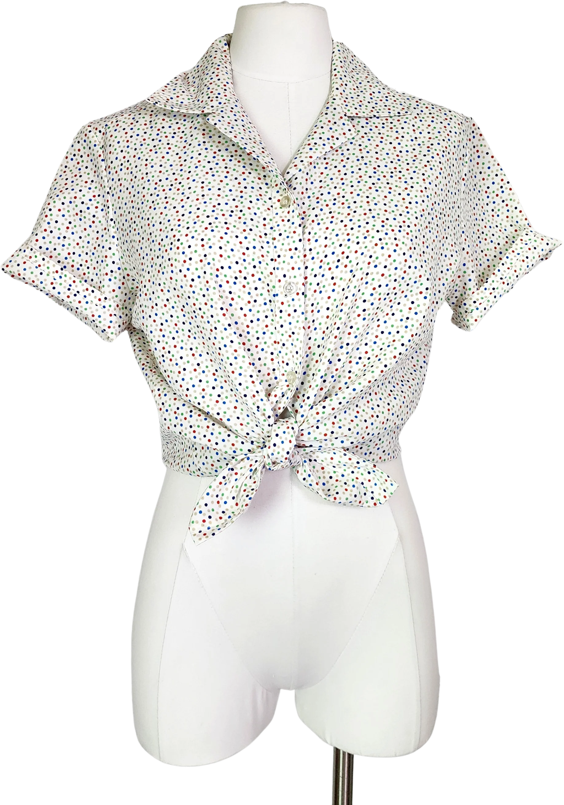 70s/80s Mini Dots Print Button Up Blouse Short Sleeves By Booth Bay
