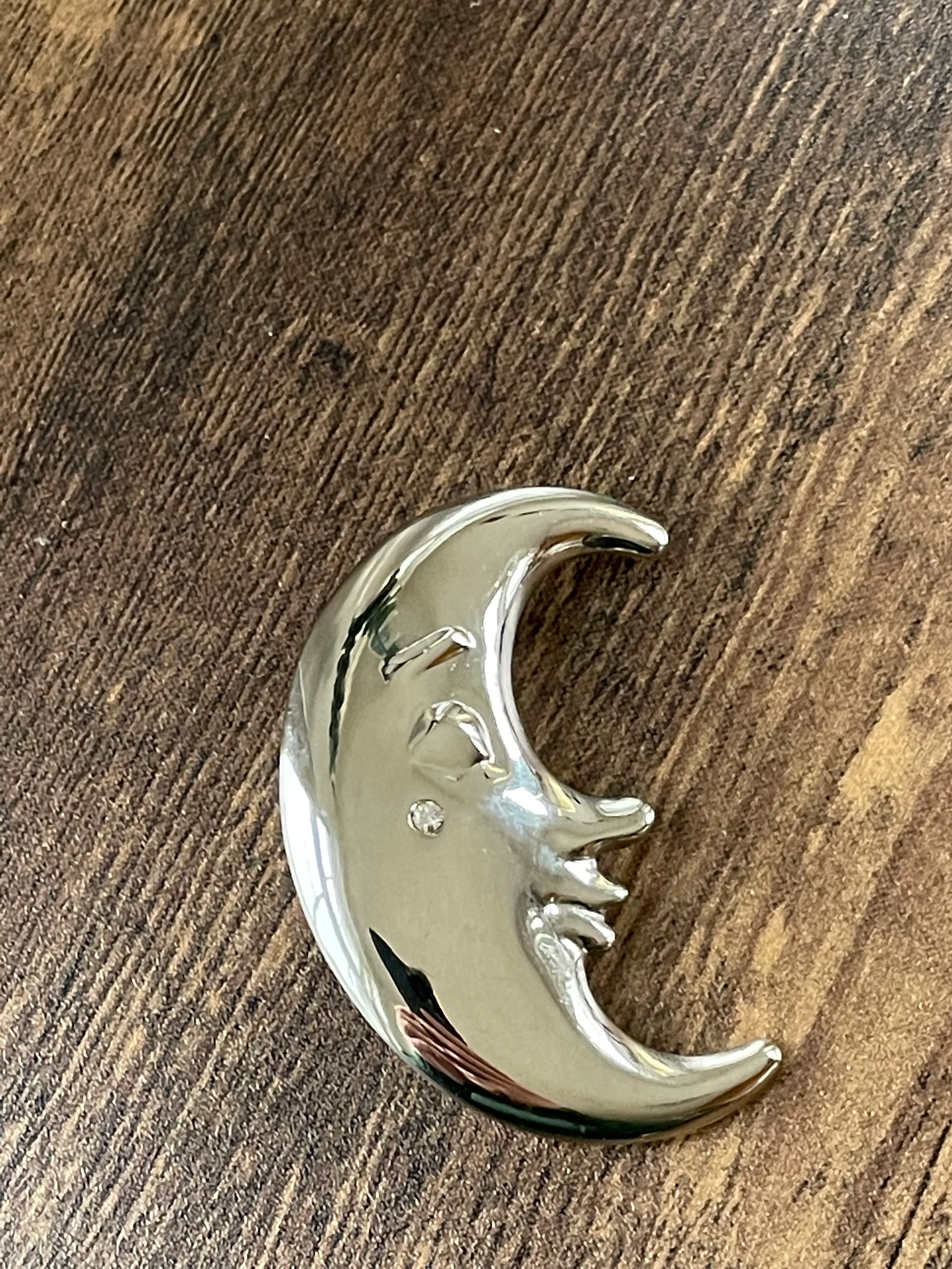 70s/80s Moon Brooch With Rhinestone Teardrop - Image 4