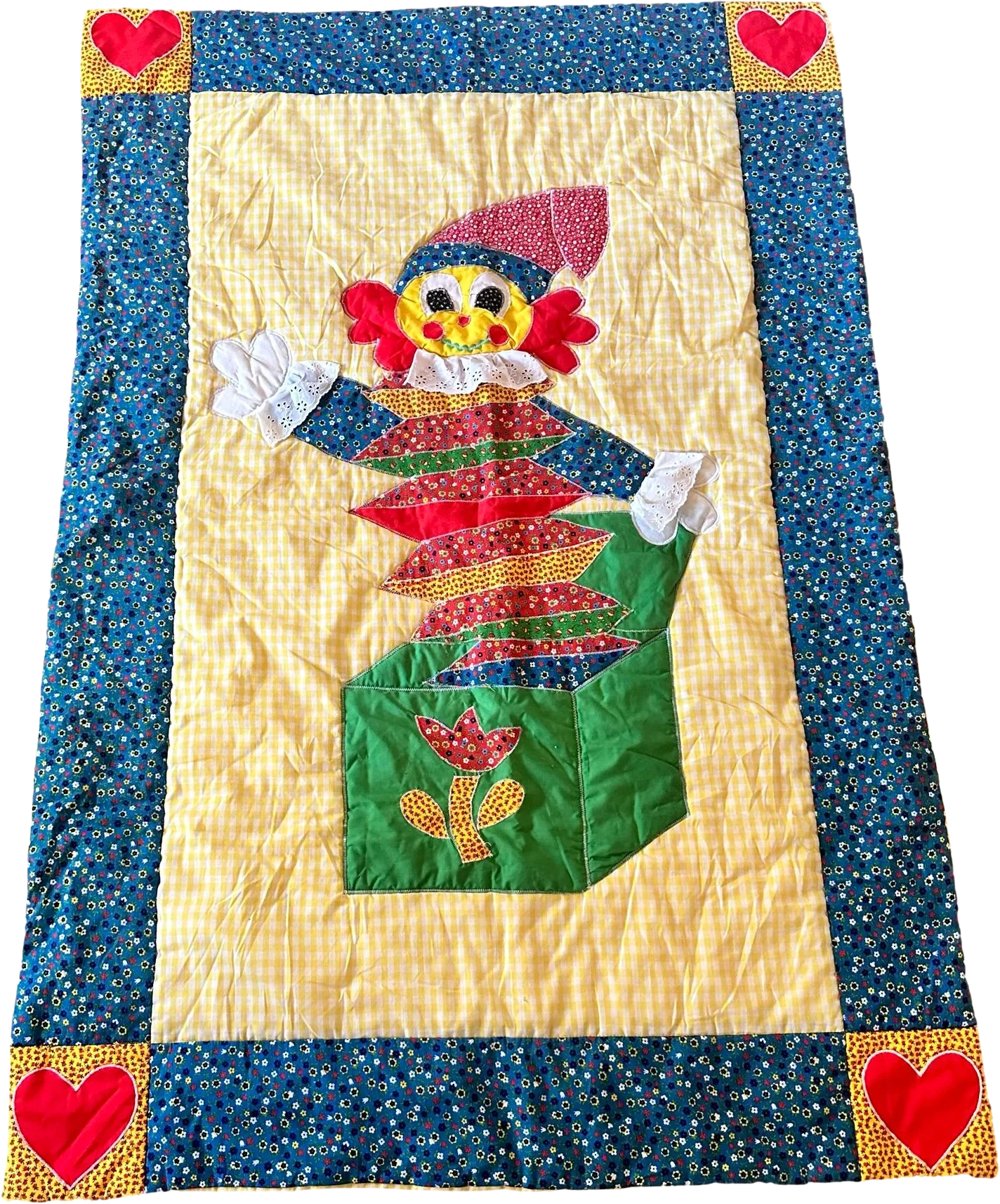 70s/80s Multicolor Jack In The Box Baby Quilt Blanket