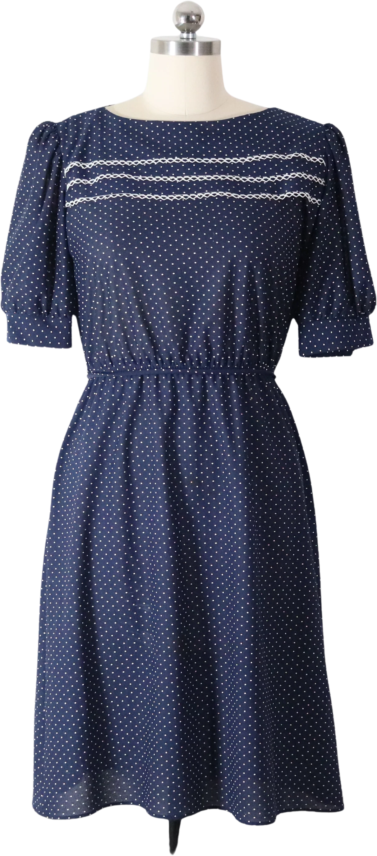 70s/80s Navy Blue Polka Dot Lace Trim Day Dress