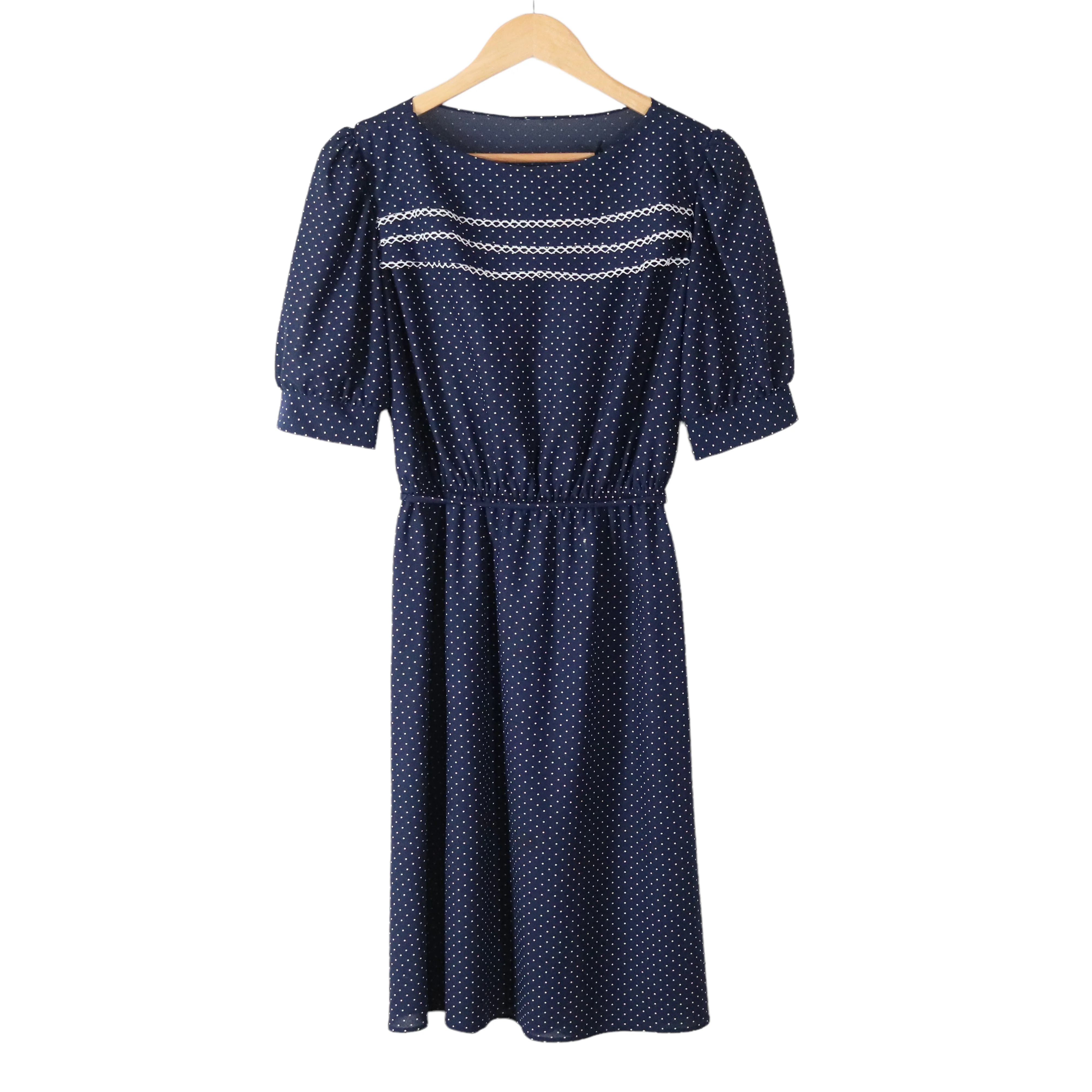 70s/80s Navy Blue Polka Dot Lace Trim Day Dress - Image 6