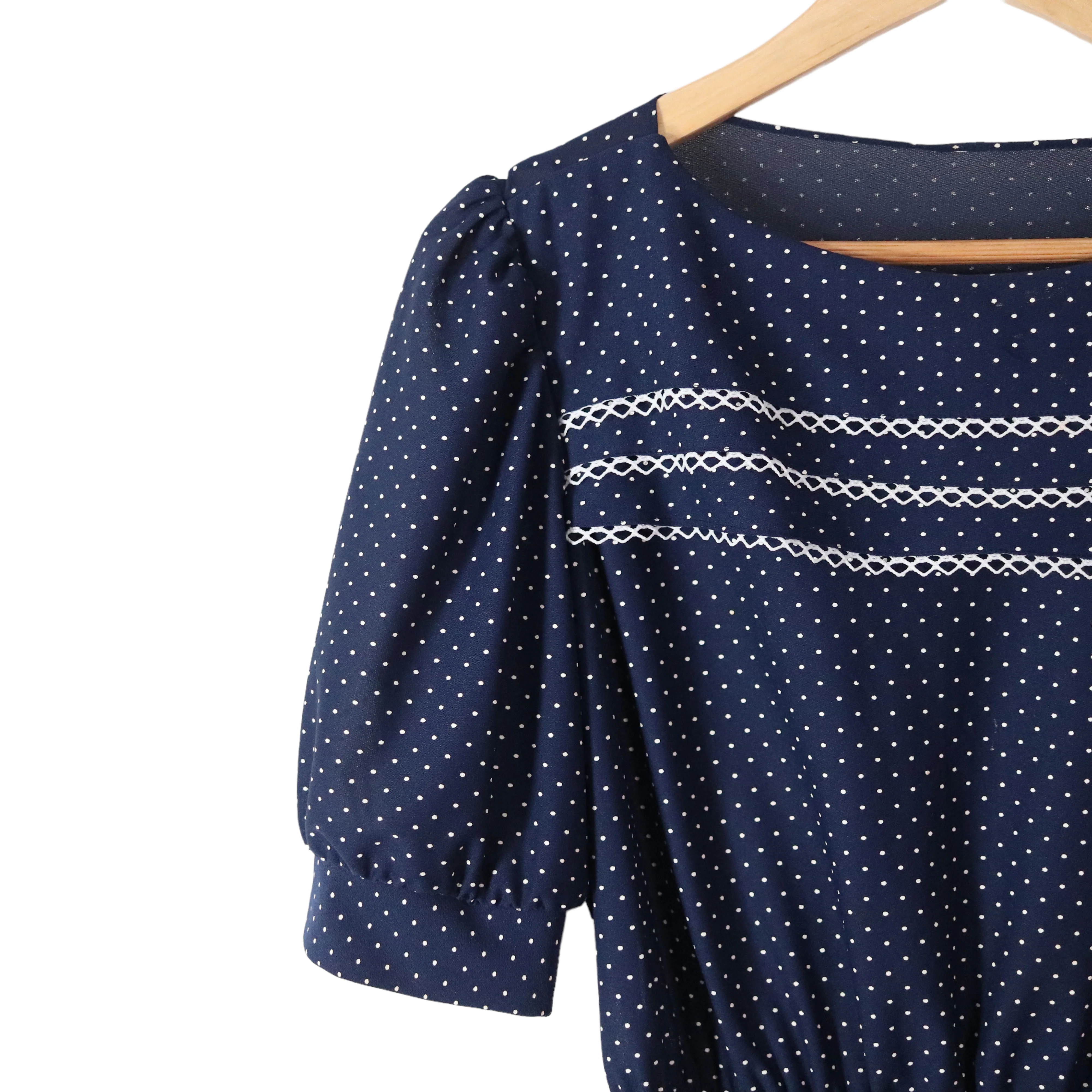 70s/80s Navy Blue Polka Dot Lace Trim Day Dress - Image 8