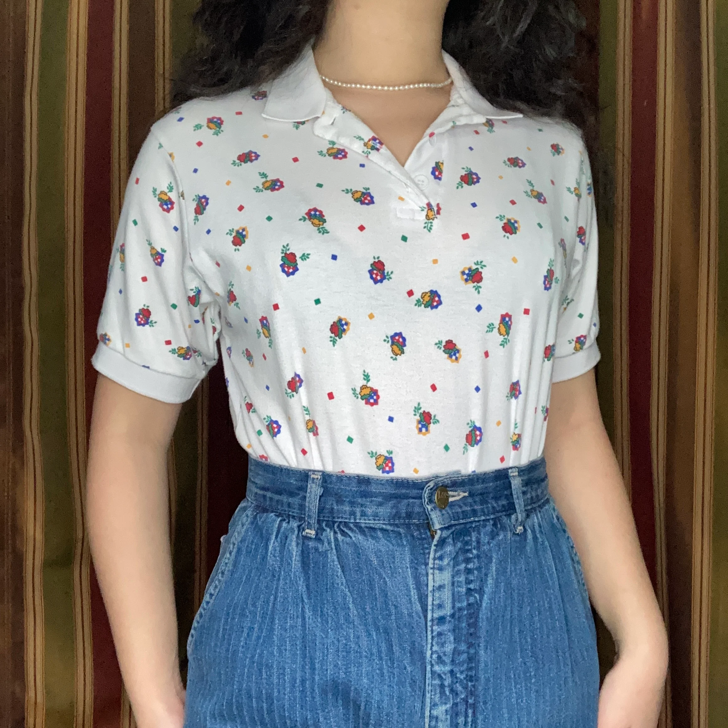 70s/80s Novelty Floral Calico Print Collared Polo T-shirt By Steppingstones - Image 2