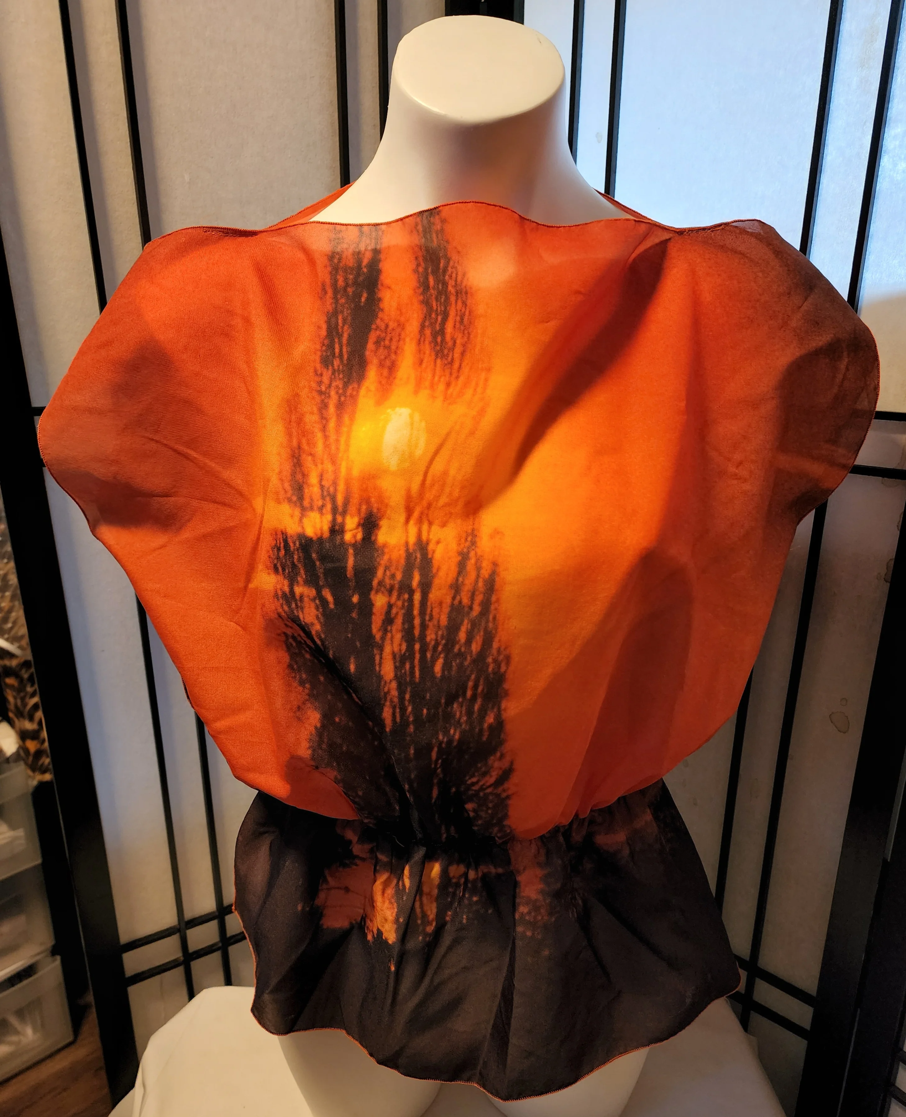 70s/80s Orange Sunset Tree Nylon Photorealism Peplum Top - Image 10