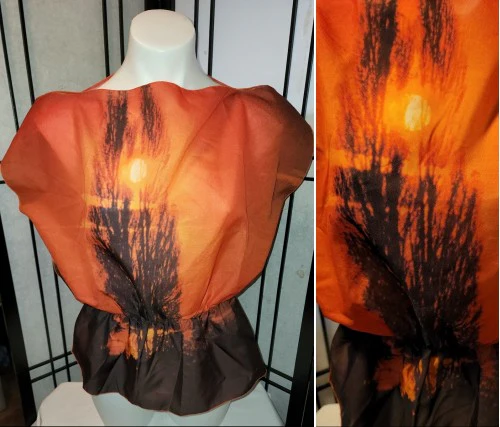 70s/80s Orange Sunset Tree Nylon Photorealism Peplum Top - Image 4