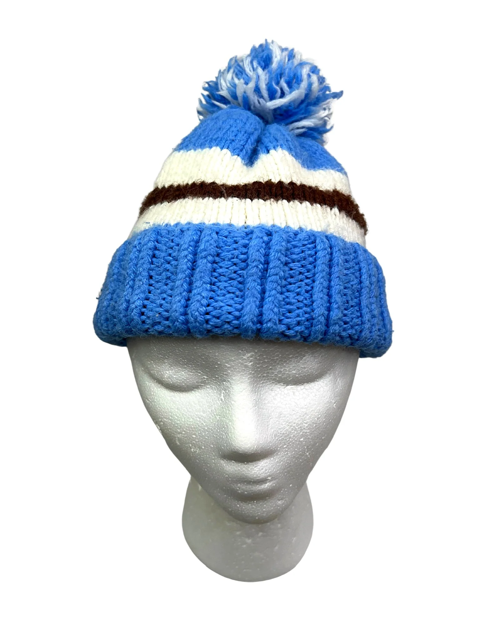 70s/80s Periwinkle Stripe Pom Pom Stocking Hat Beanie - Image 3