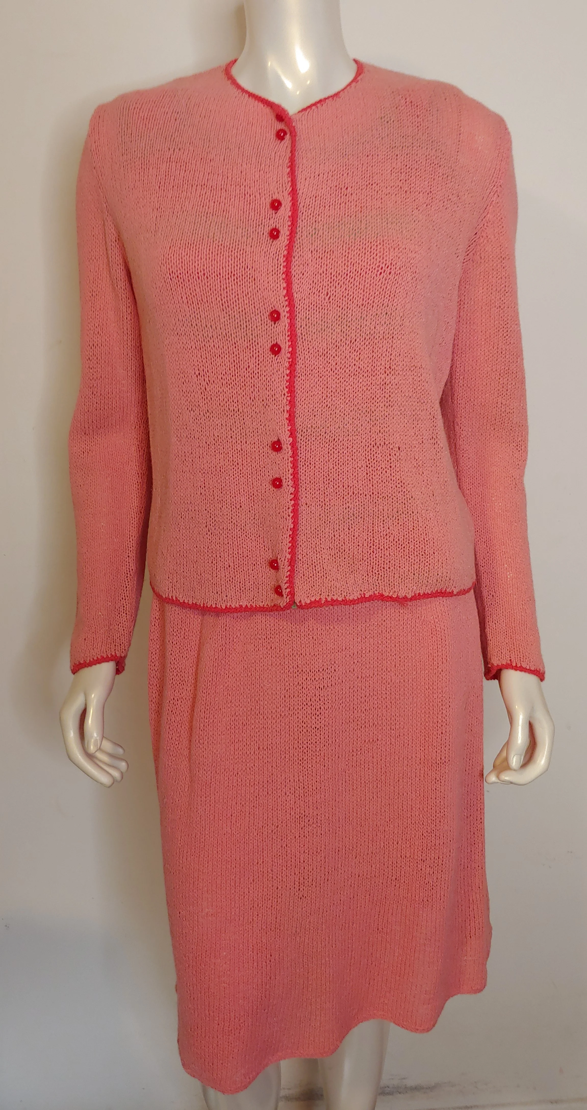 70s/80s Pink Hand Knit 3 Pc Set Skirt Suit Cardigan Shell - Image 5