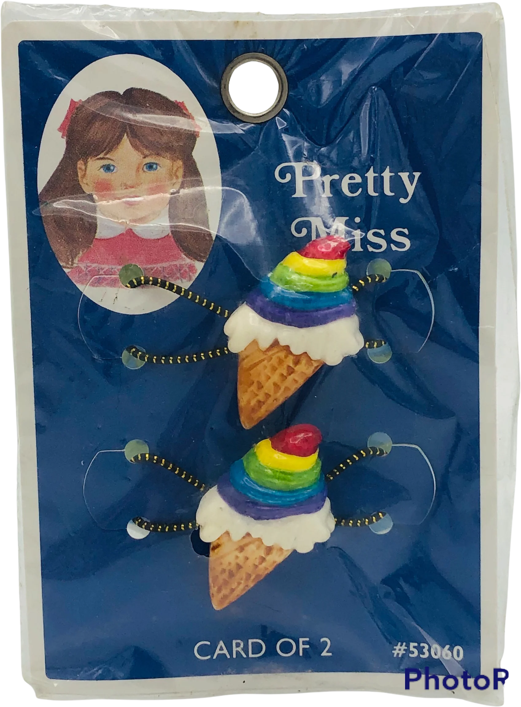 70s/80s Pretty Miss 2 Rainbow Ice Cream Cone Hair Elastics By Tip-Top Corporation