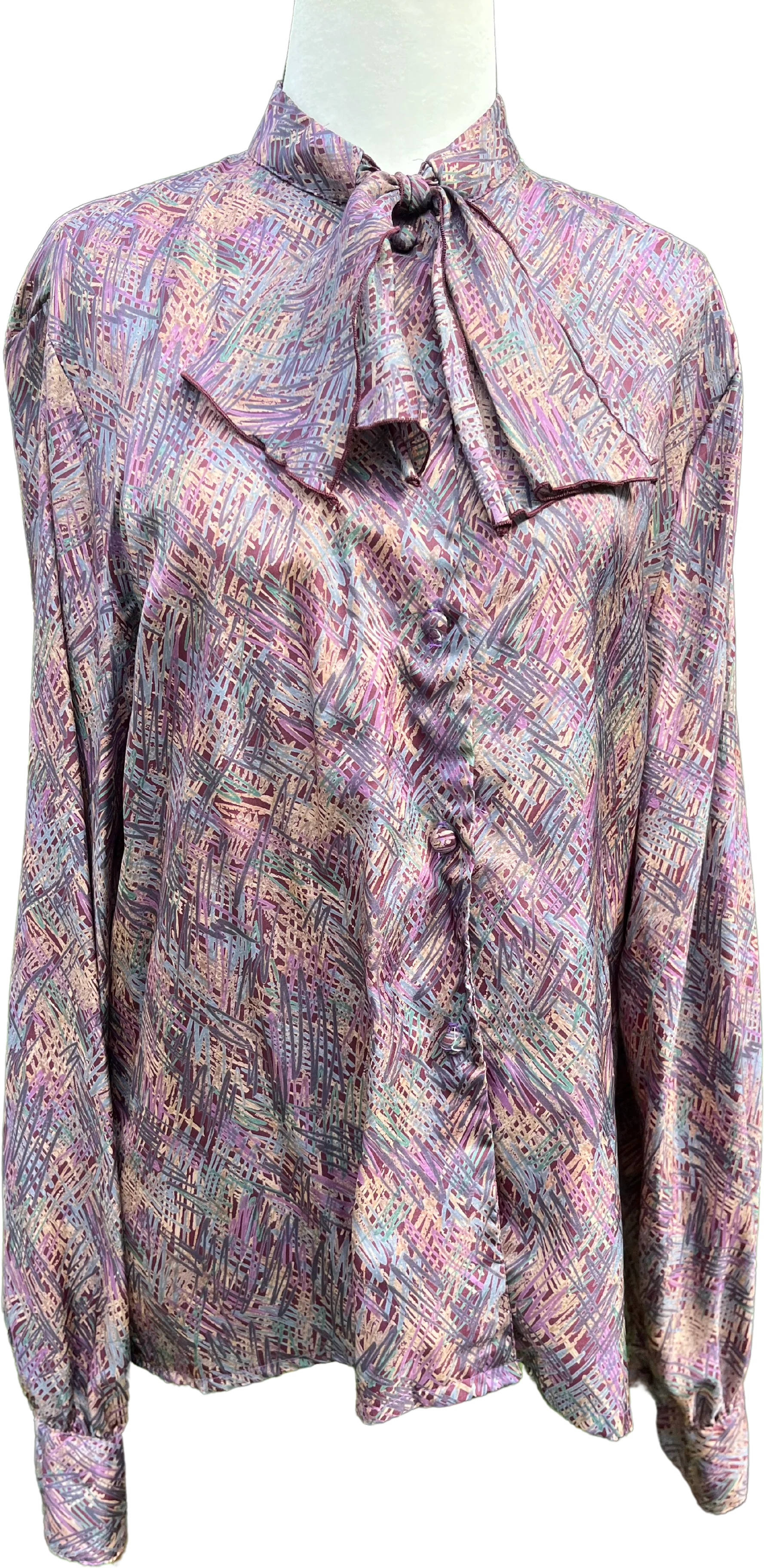 70s/80s Purple Abstract Ascot Blouse By Helen Fabrikant