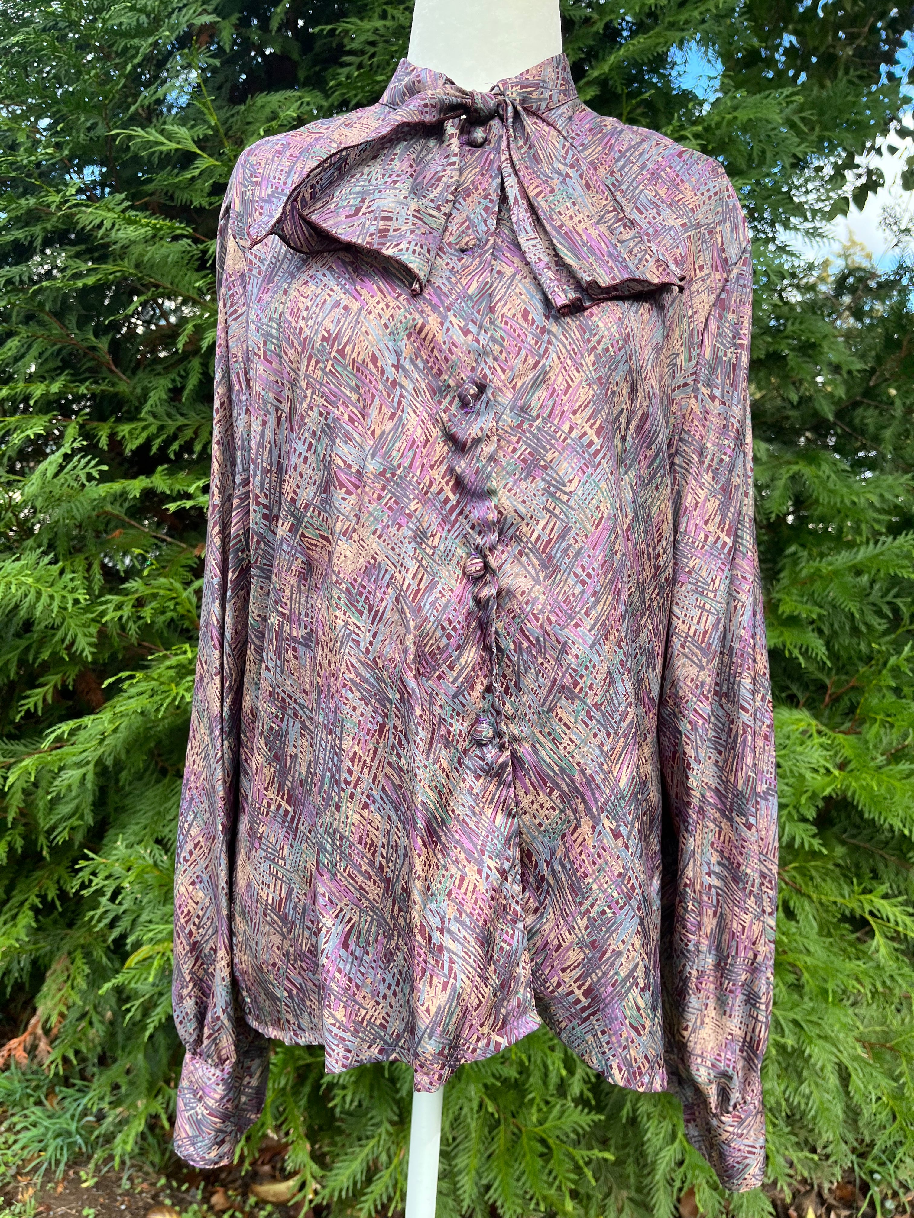 70s/80s Purple Abstract Ascot Blouse By Helen Fabrikant - Image 4