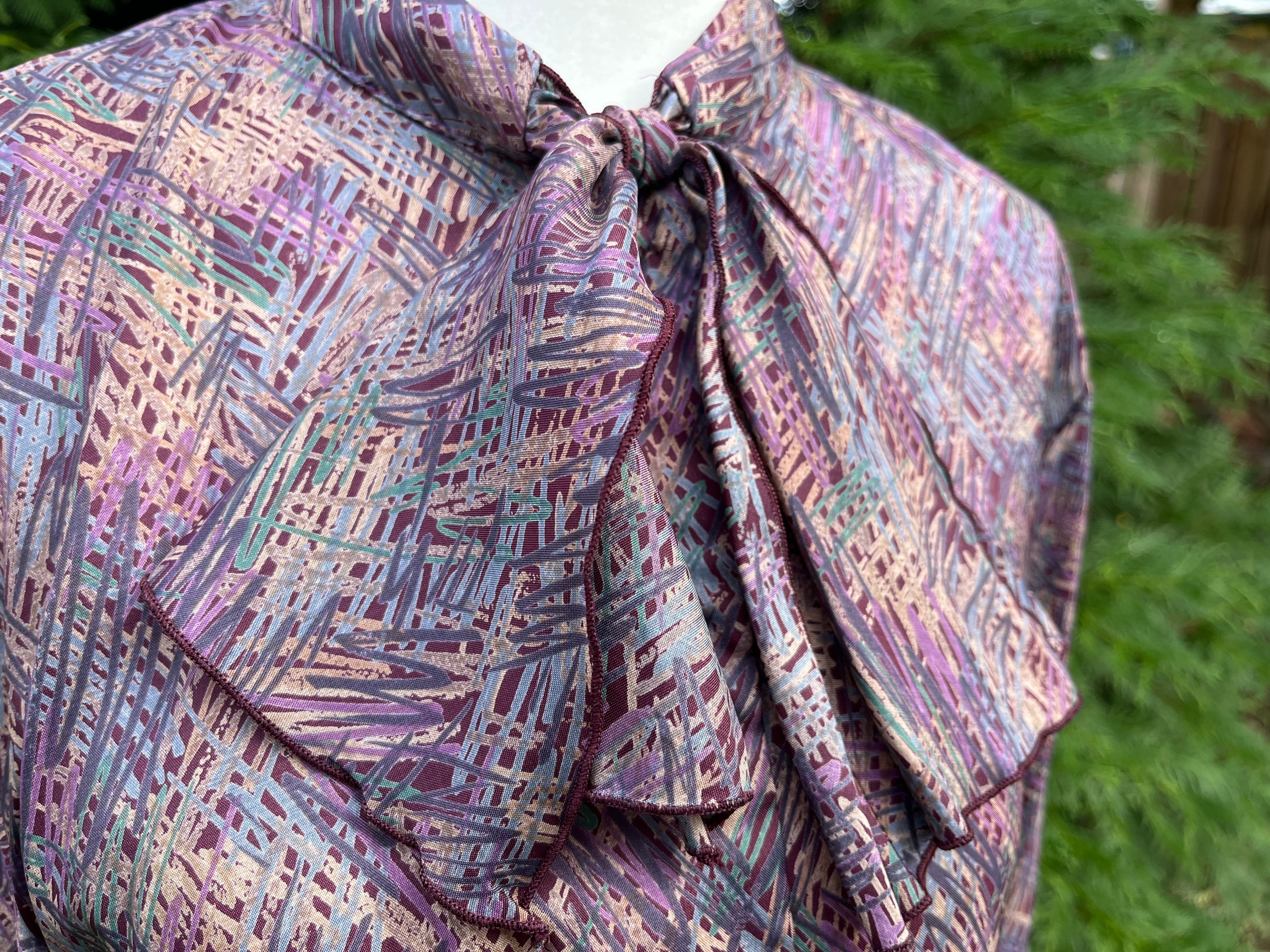 70s/80s Purple Abstract Ascot Blouse By Helen Fabrikant - Image 5
