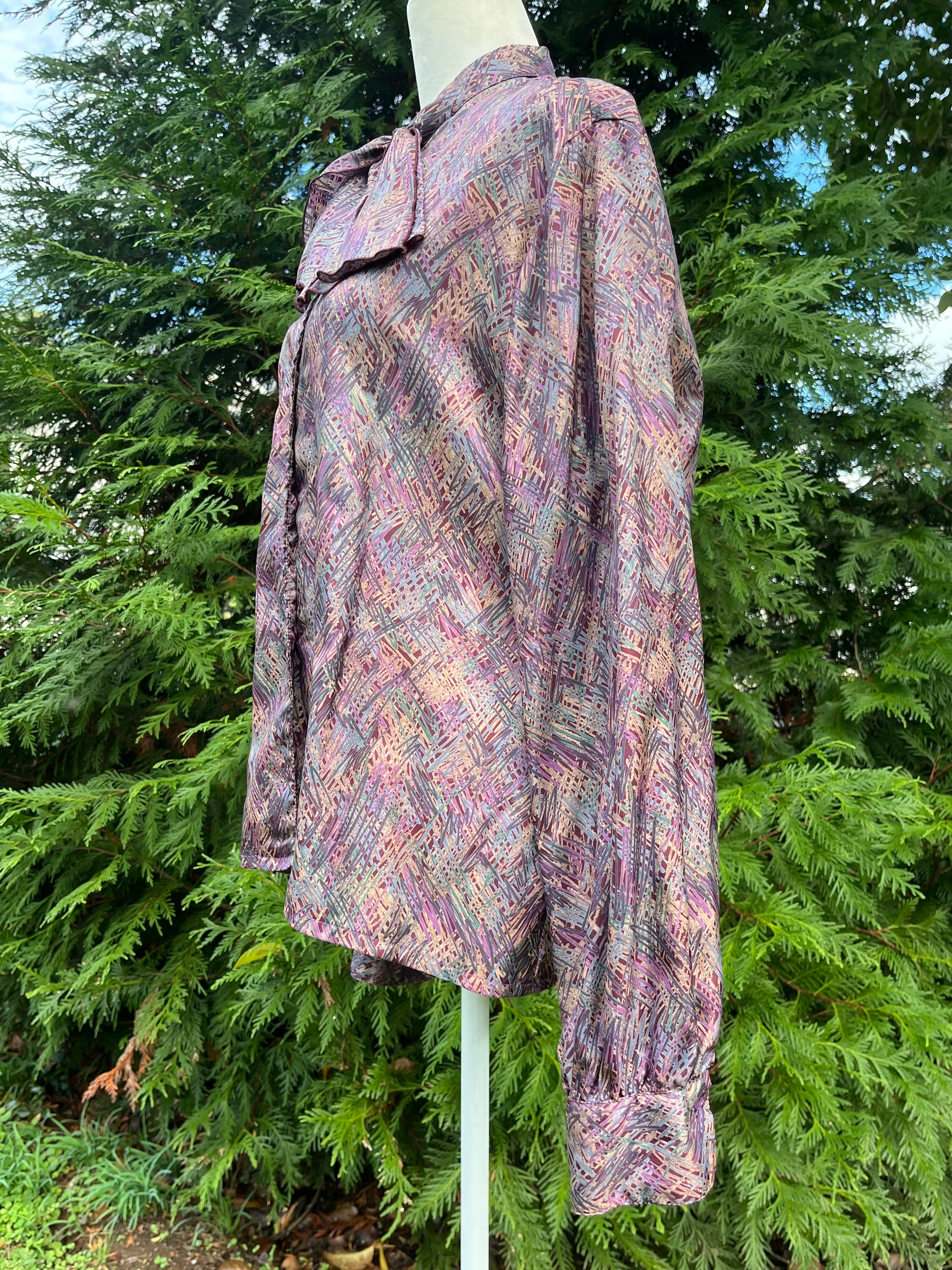 70s/80s Purple Abstract Ascot Blouse By Helen Fabrikant - Image 7