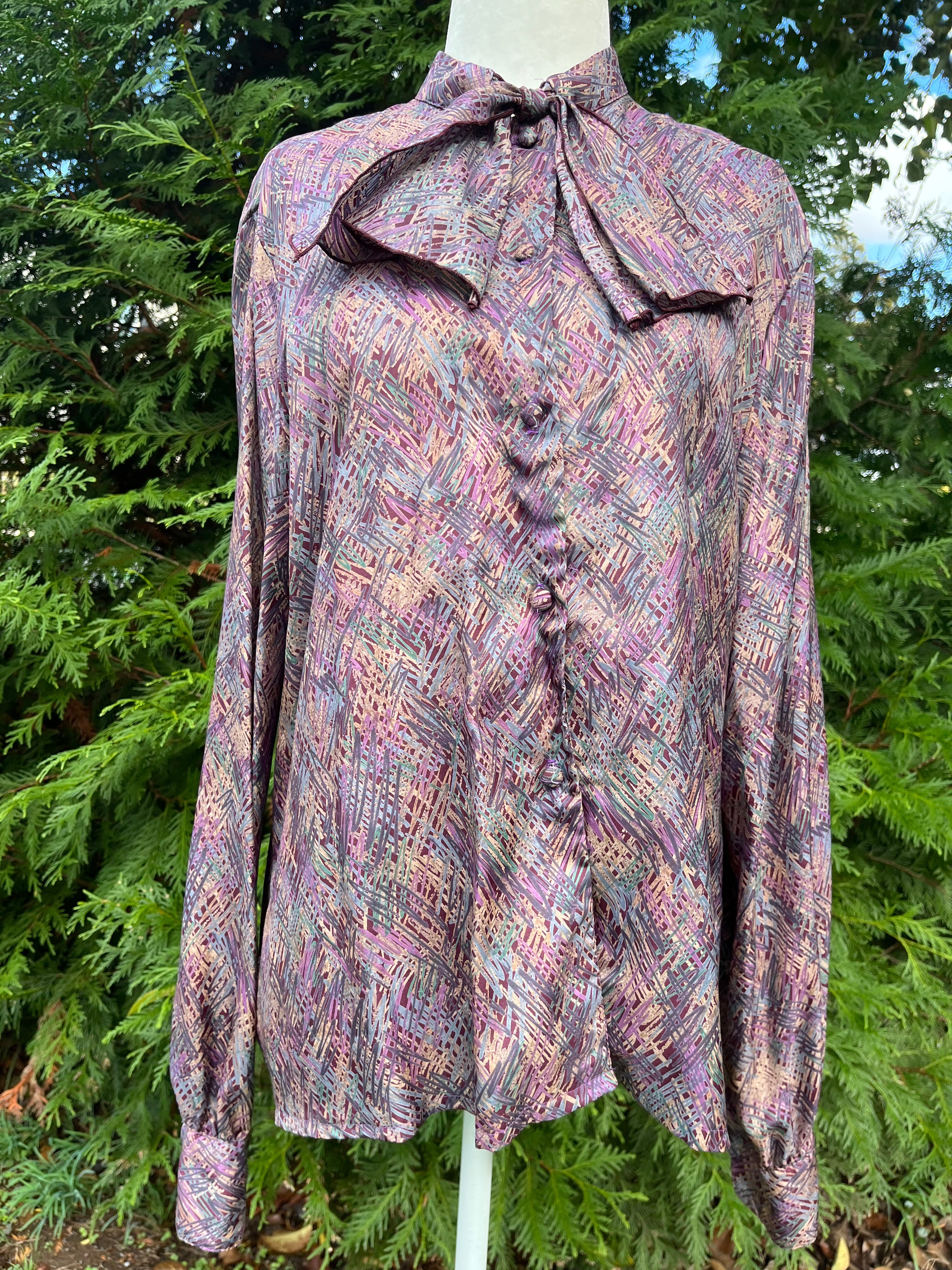 70s/80s Purple Abstract Ascot Blouse By Helen Fabrikant - Image 9