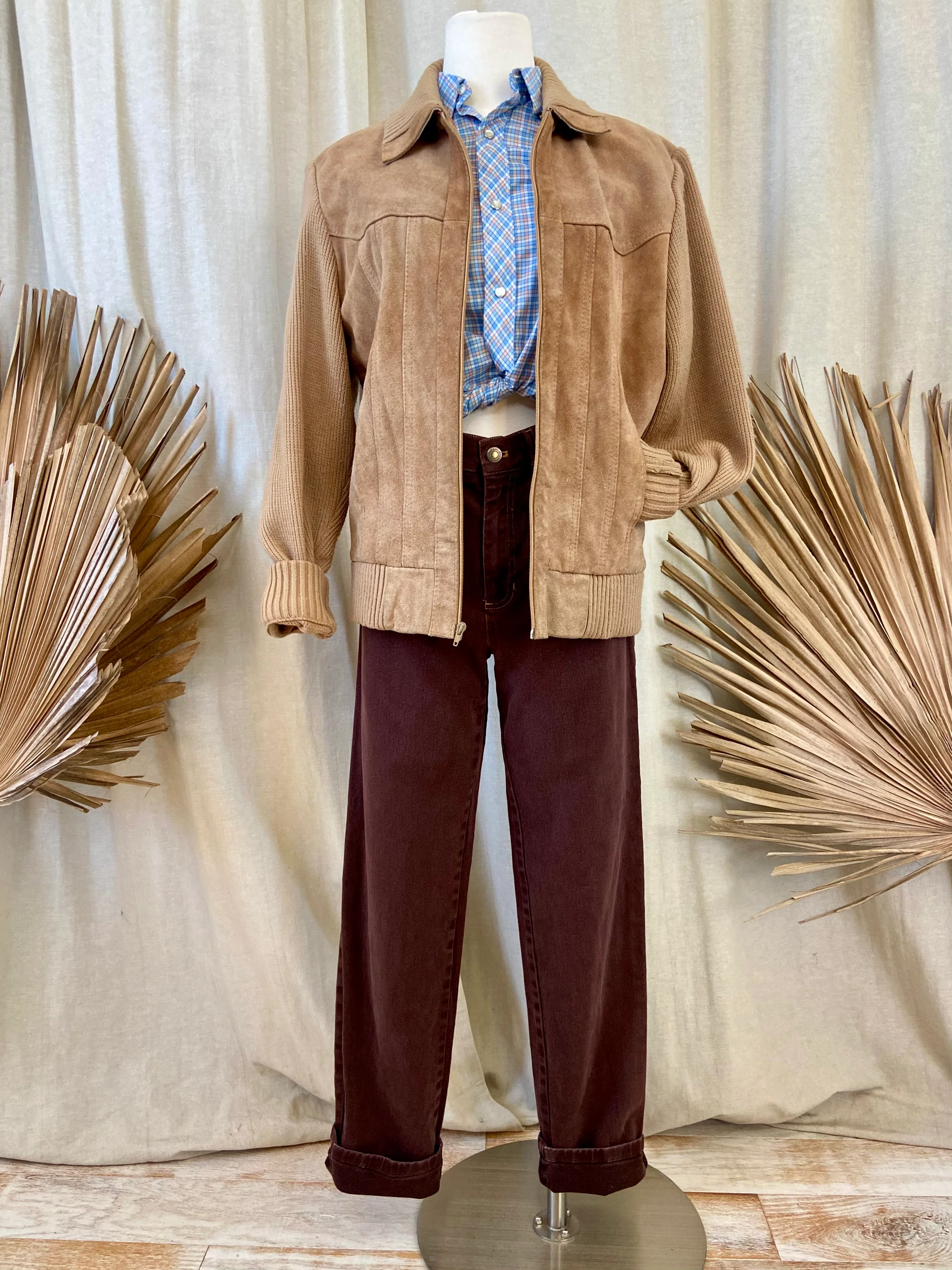 70s/80s Rancher Knit Leather Sweater Jacket In Camel By Oleg Cassini - Image 3