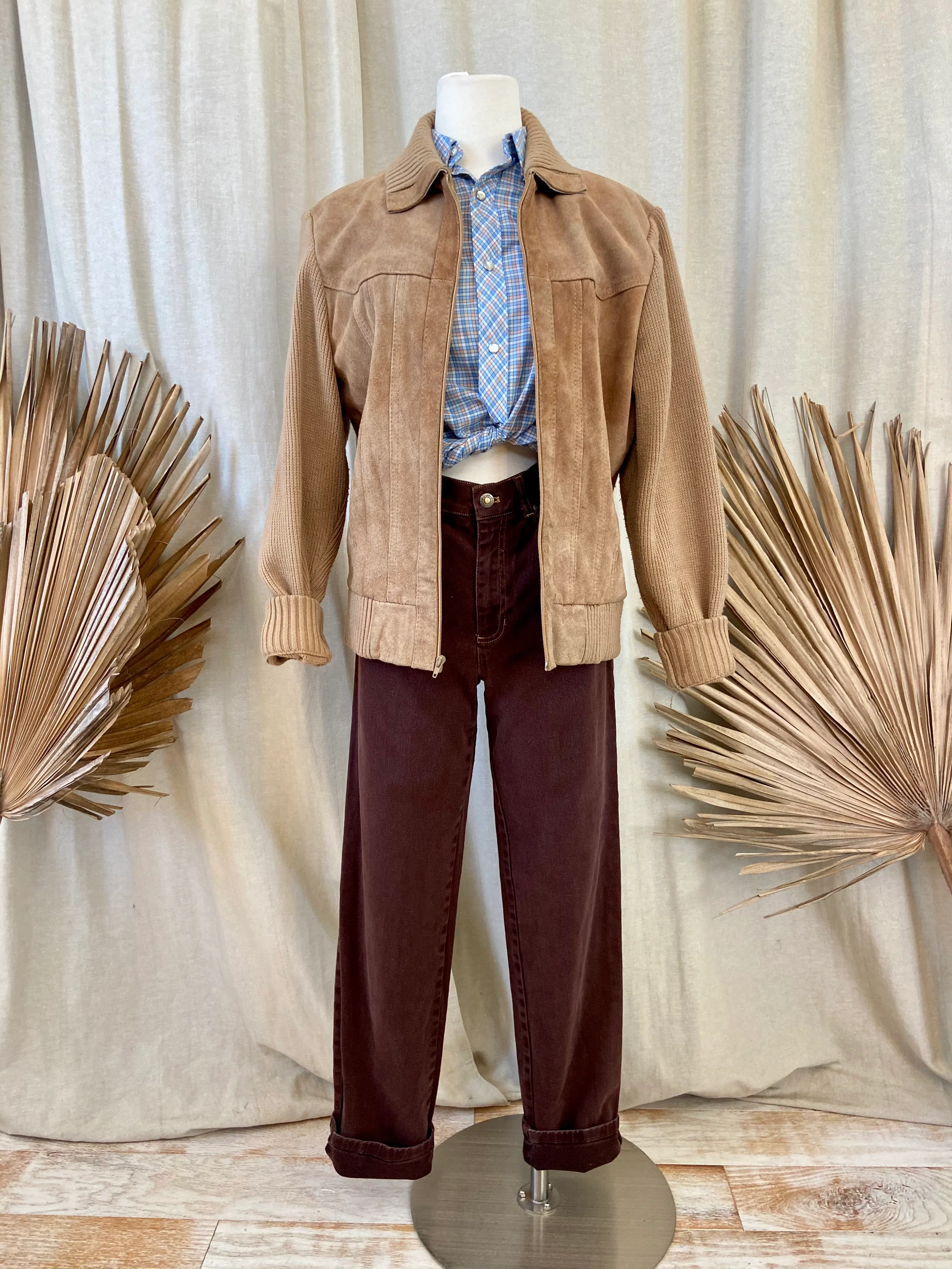 70s/80s Rancher Knit Leather Sweater Jacket In Camel By Oleg Cassini - Image 4