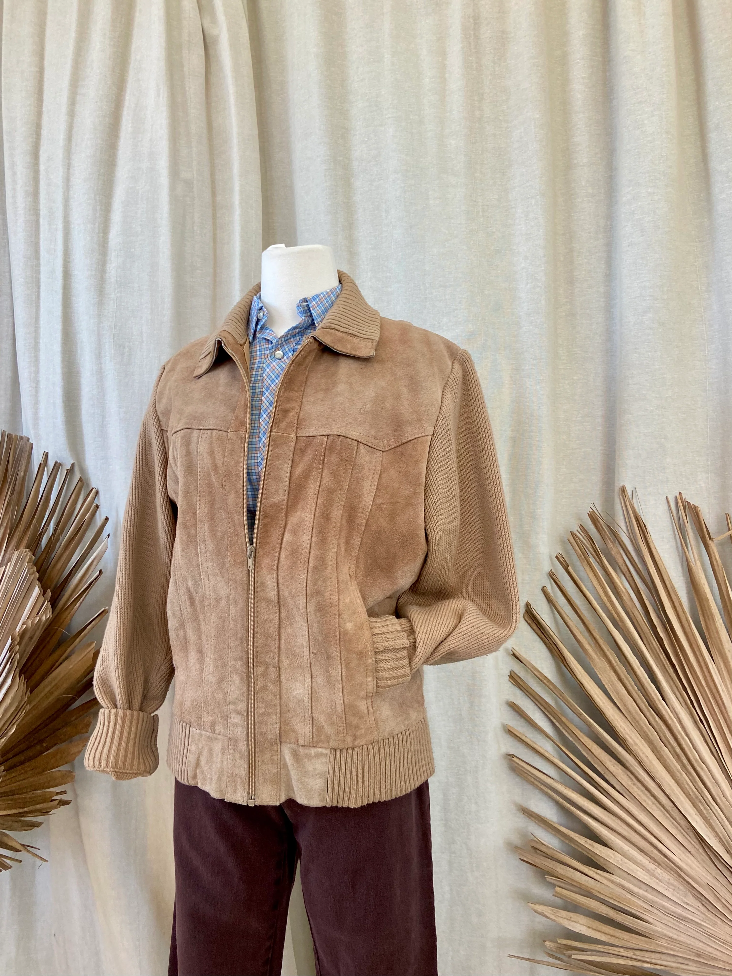 70s/80s Rancher Knit Leather Sweater Jacket In Camel By Oleg Cassini - Image 9