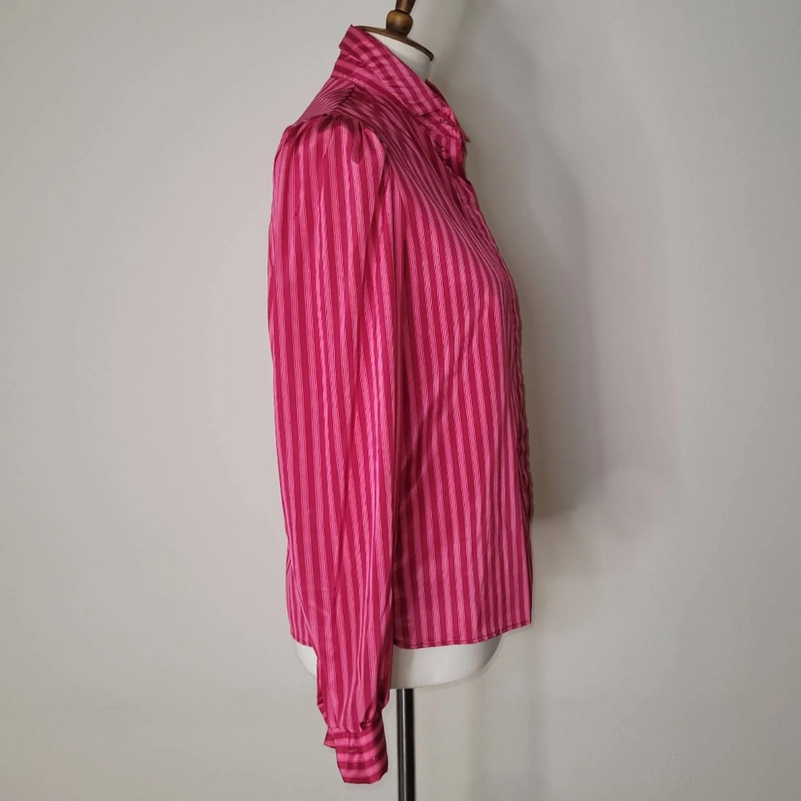 70s/80s Red and Pink Vertical-Striped Button Down Collared Blouse by Parallel Lines Inc - Image 3