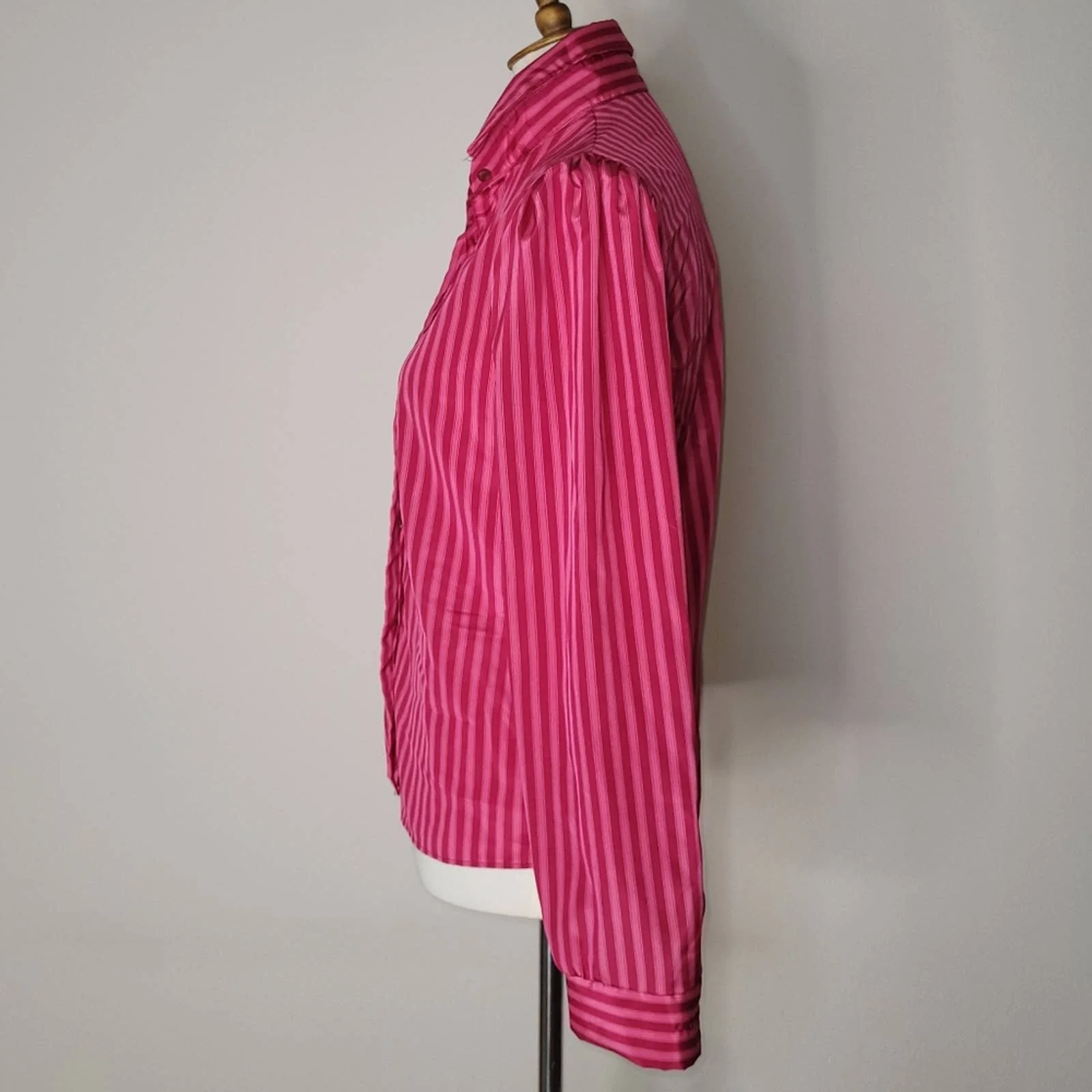 70s/80s Red and Pink Vertical-Striped Button Down Collared Blouse by Parallel Lines Inc - Image 5
