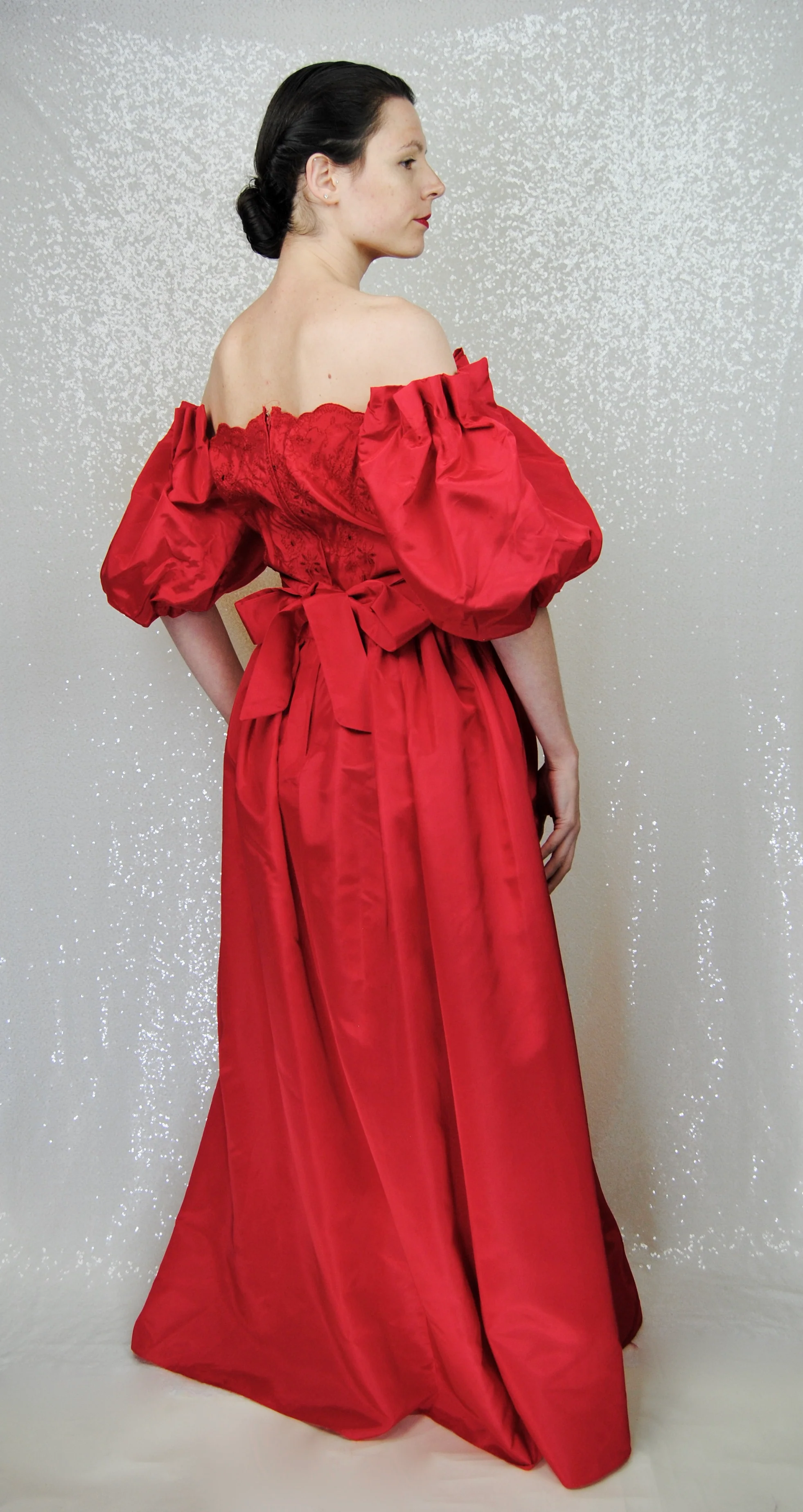 70s/80s Red Taffeta Puff Sleeve Ball Gown - Image 3