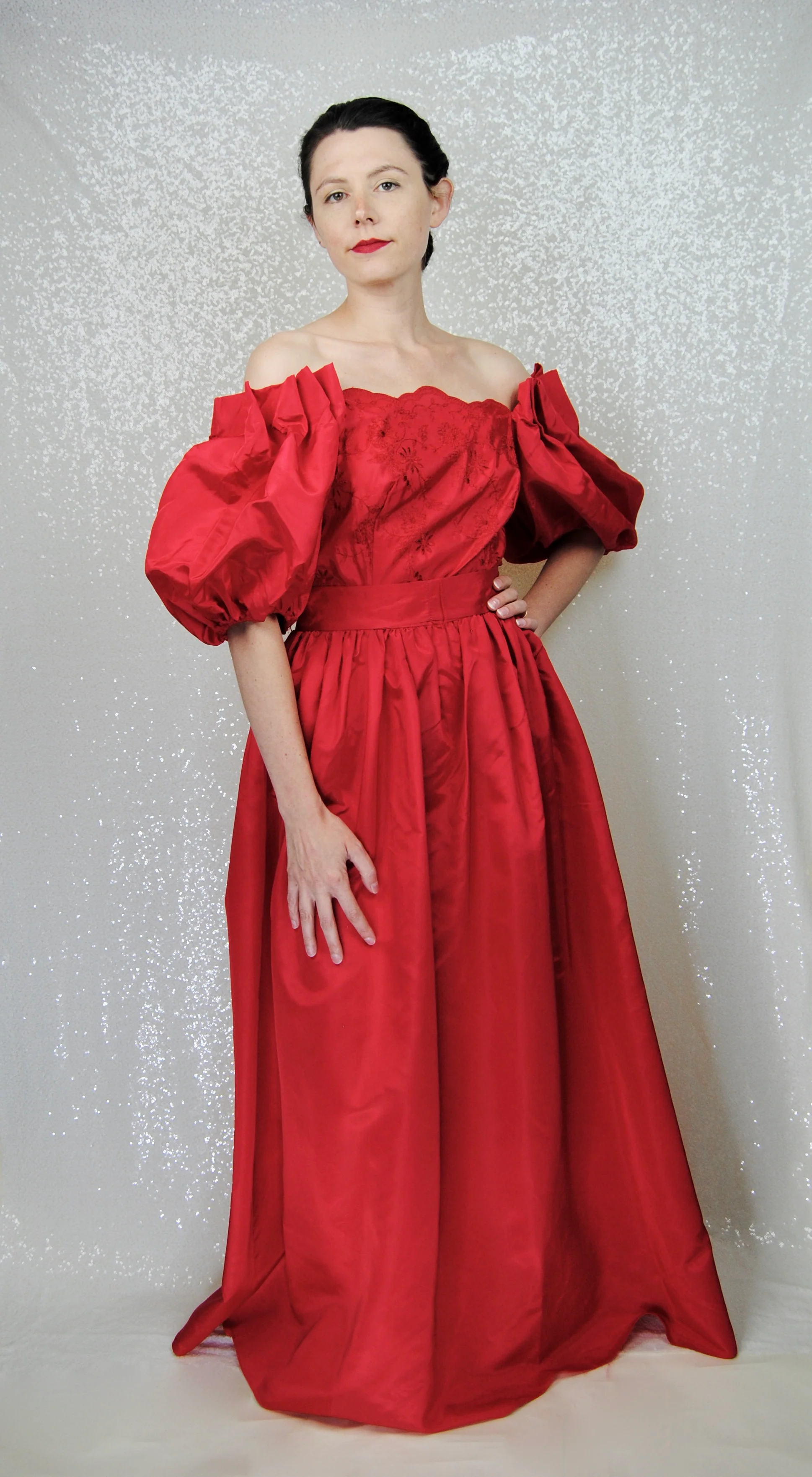 70s/80s Red Taffeta Puff Sleeve Ball Gown - Image 6