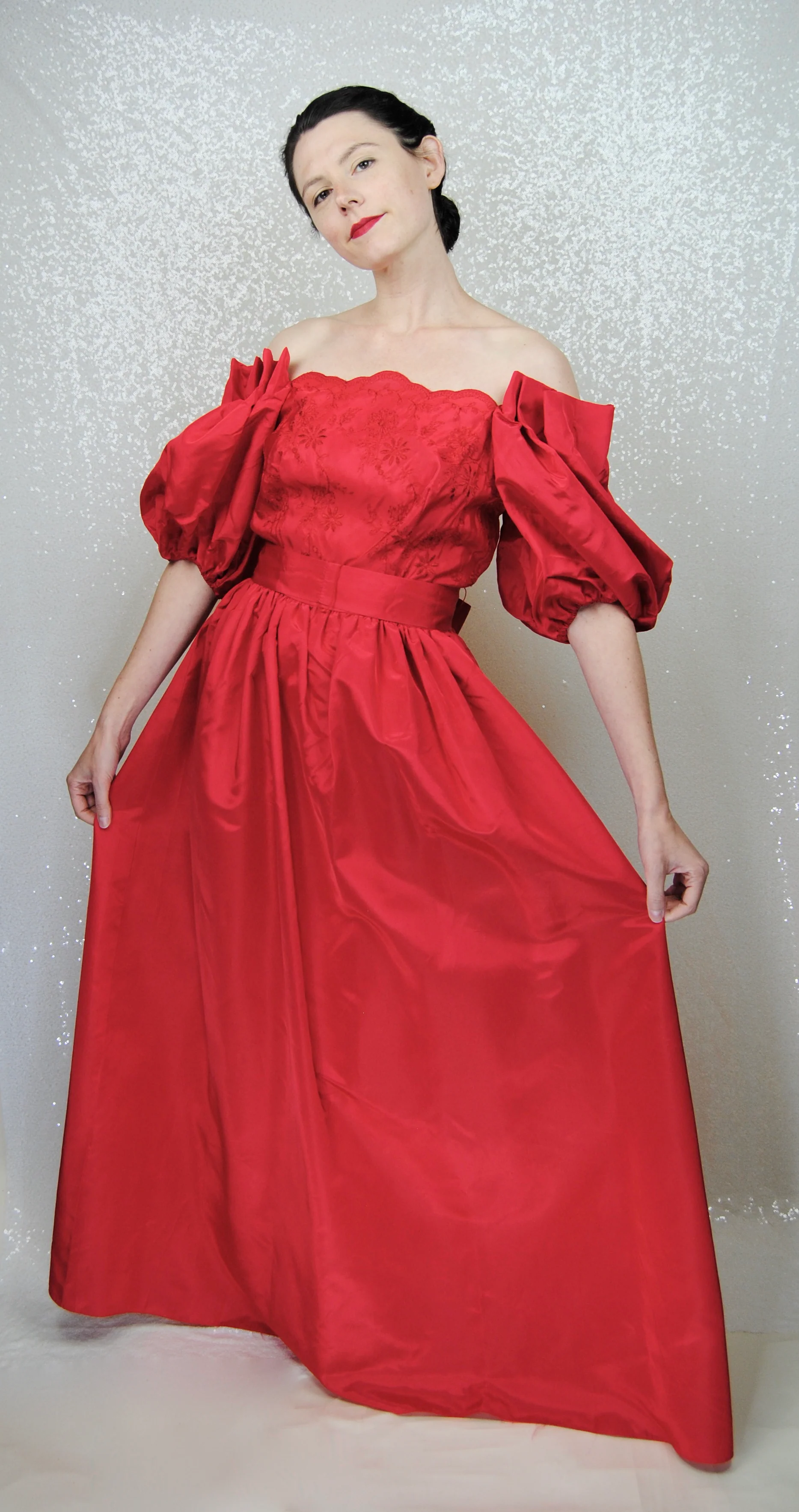 70s/80s Red Taffeta Puff Sleeve Ball Gown - Image 7