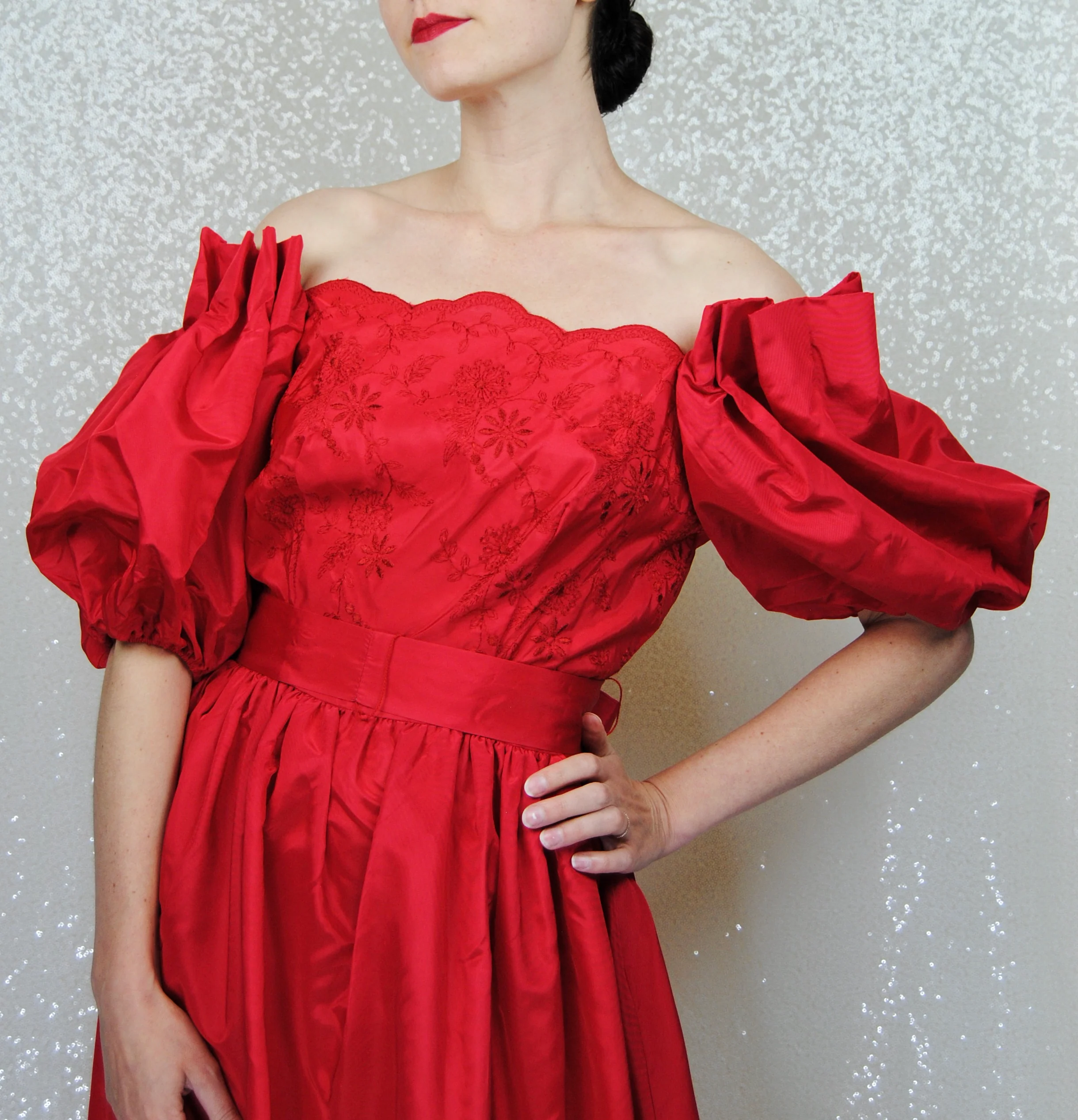 70s/80s Red Taffeta Puff Sleeve Ball Gown - Image 9