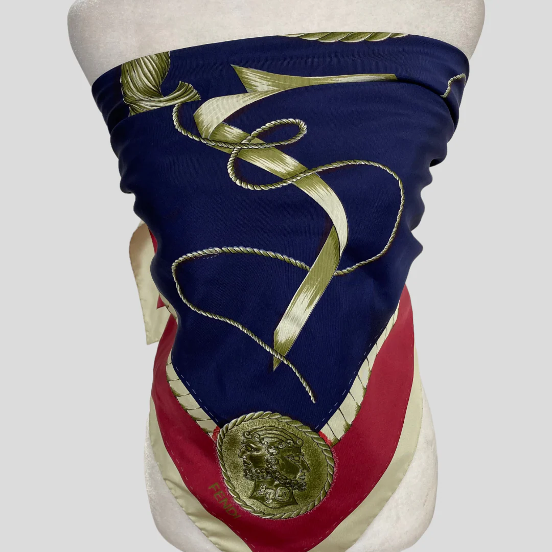 70s/80s Red White Blue Roman Coin Janus Head Large Scarf By Fendi - Image 4