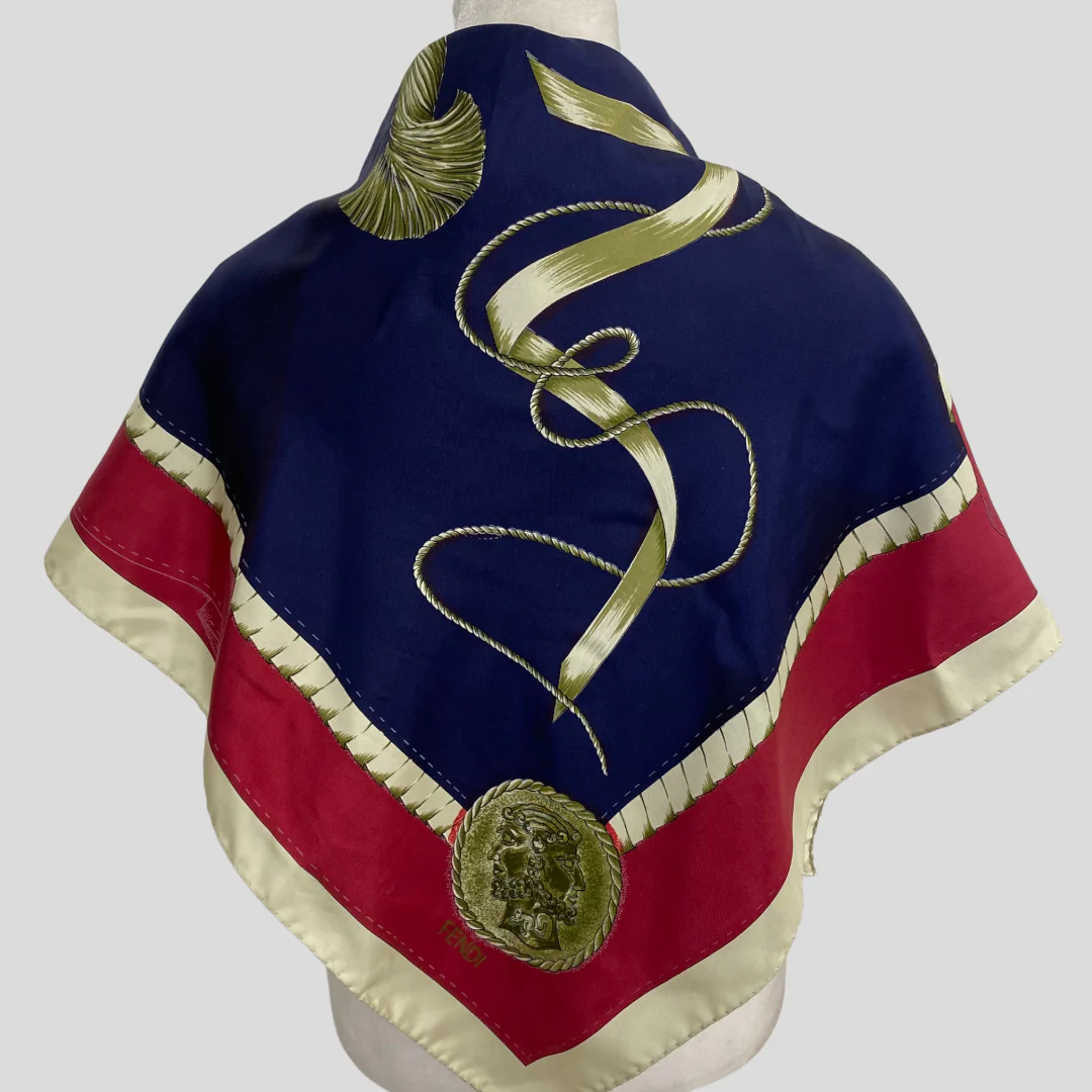 70s/80s Red White Blue Roman Coin Janus Head Large Scarf By Fendi - Image 7