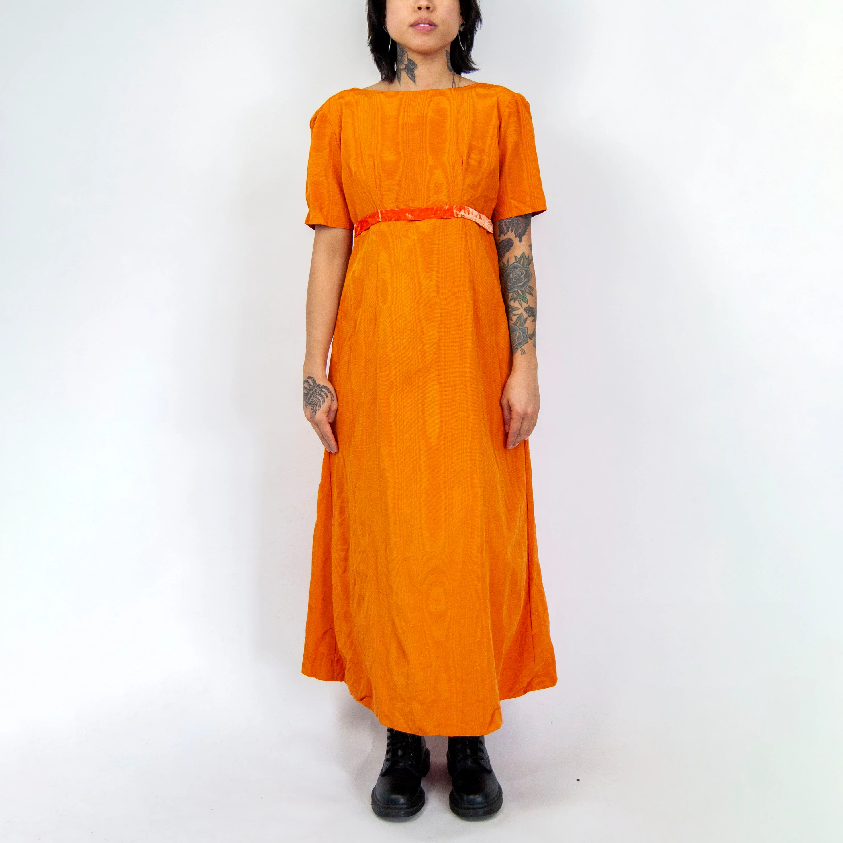 70s/80s Regency Inspired Orange Open Back Empire Gown - Image 3