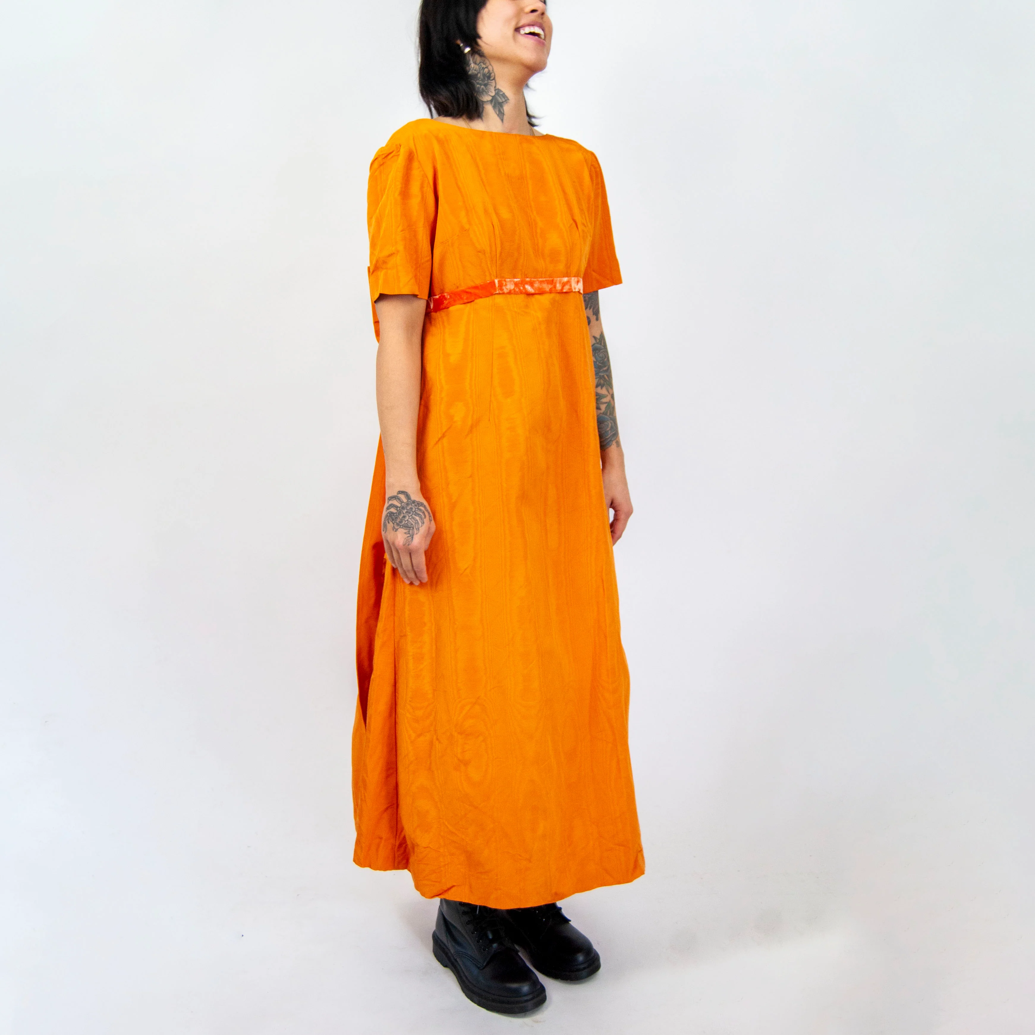 70s/80s Regency Inspired Orange Open Back Empire Gown - Image 4