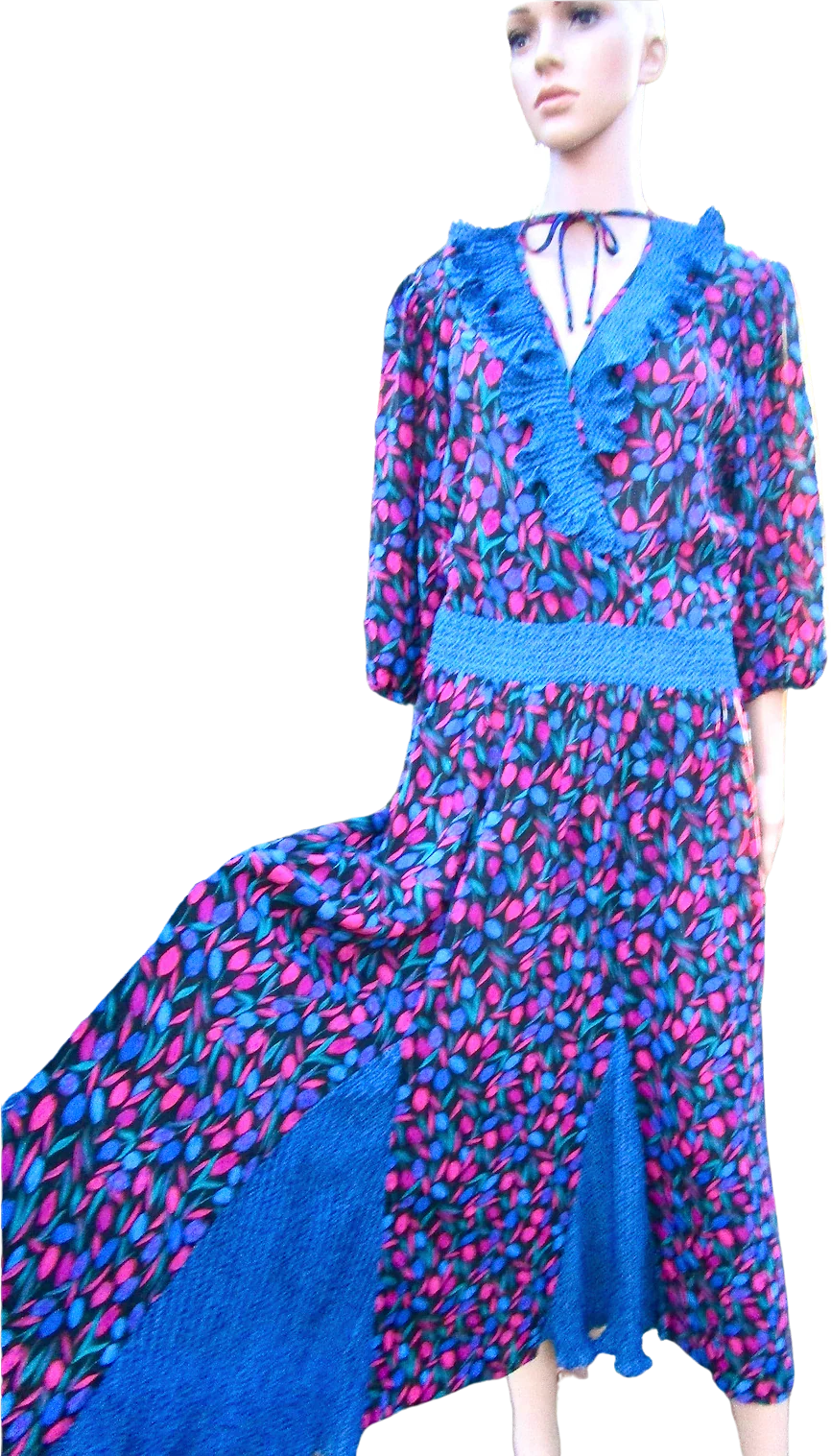 70s/80s Ruffled Surplice Dress Pink And Purple Tulips By Susan Freis Assorti
