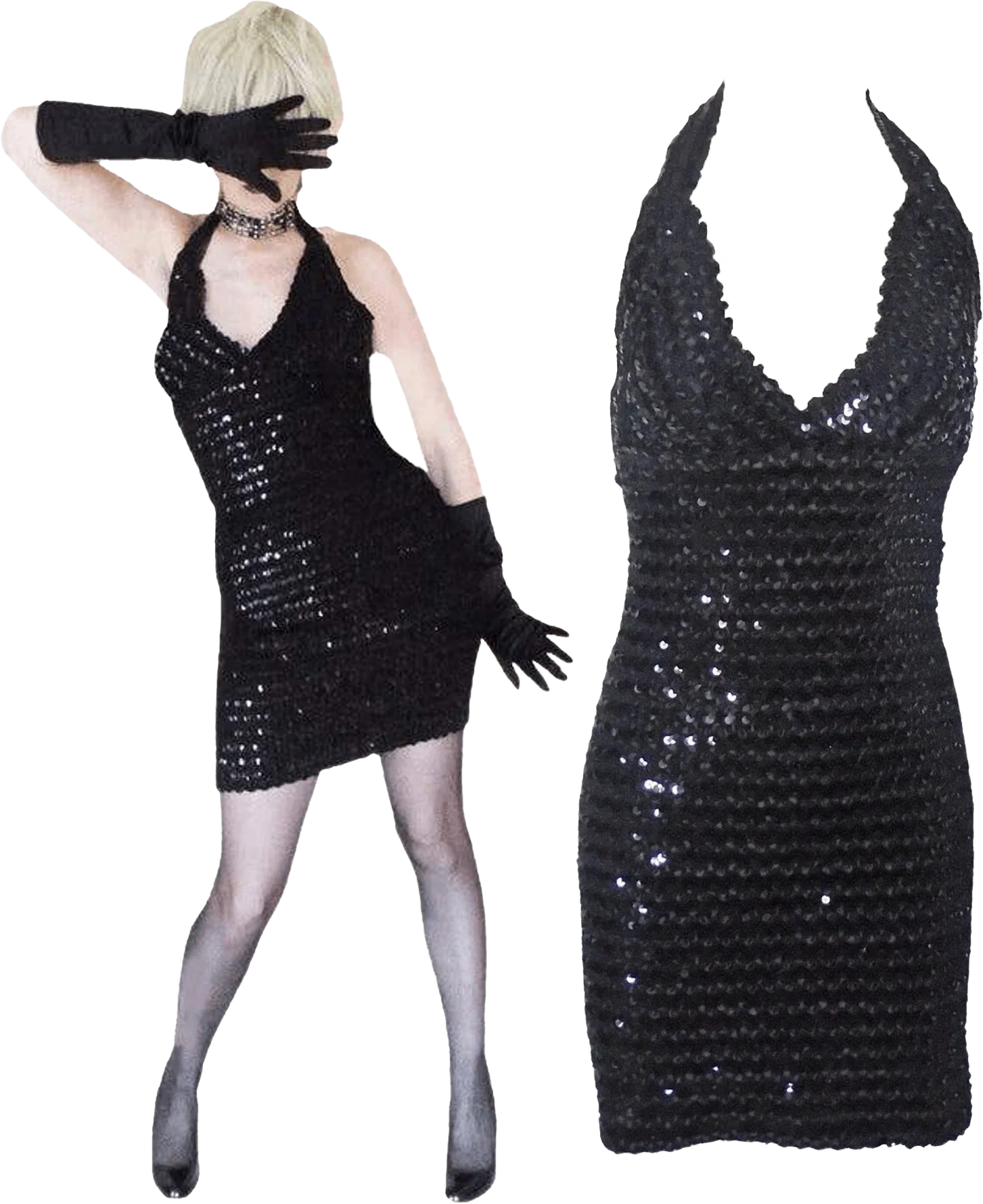 70s/80s Sexy Mini Dress, Tight Formal Sequin Halter By Zum Zum