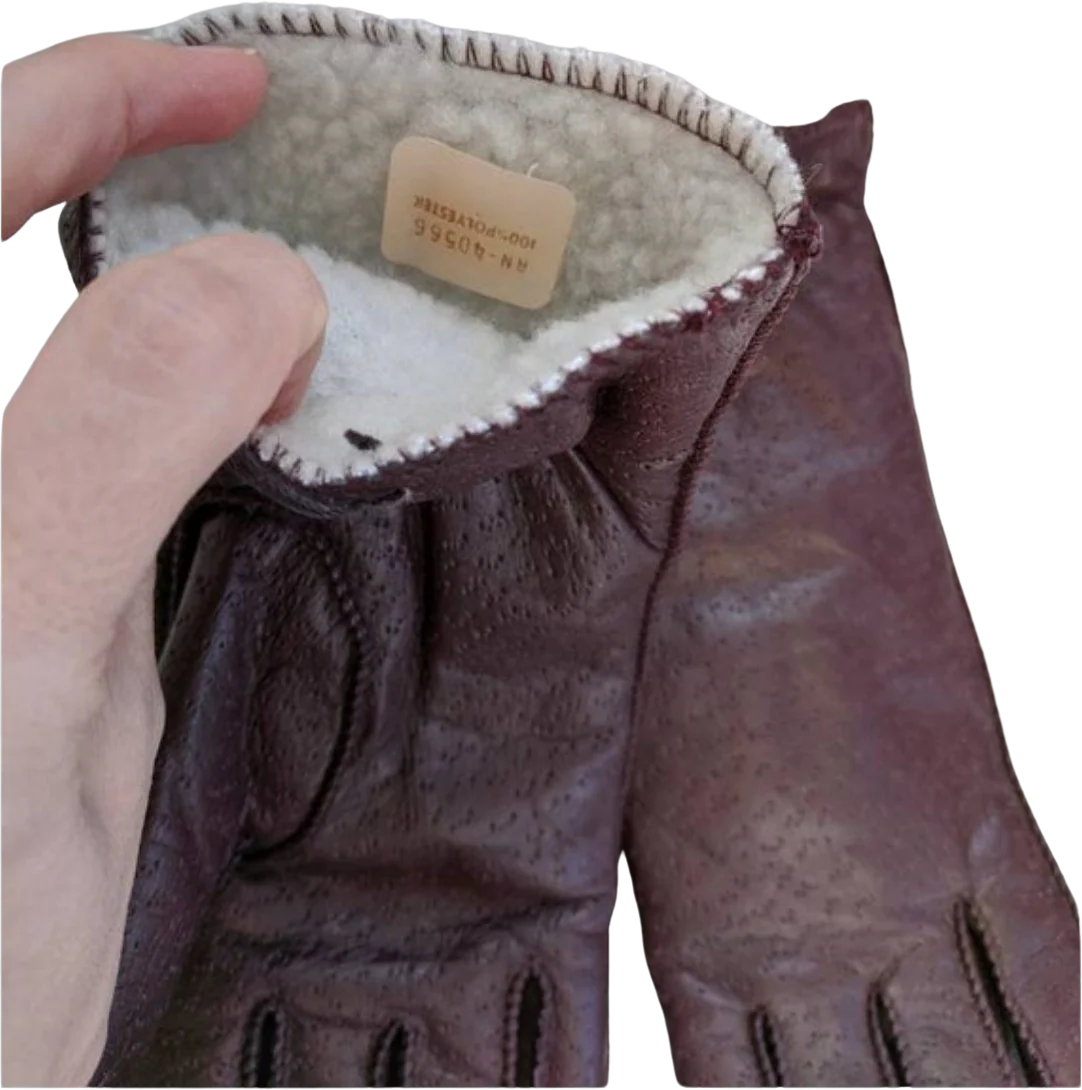 70s/80s Sherpa Lined Oxblood Gloves S - Image 3