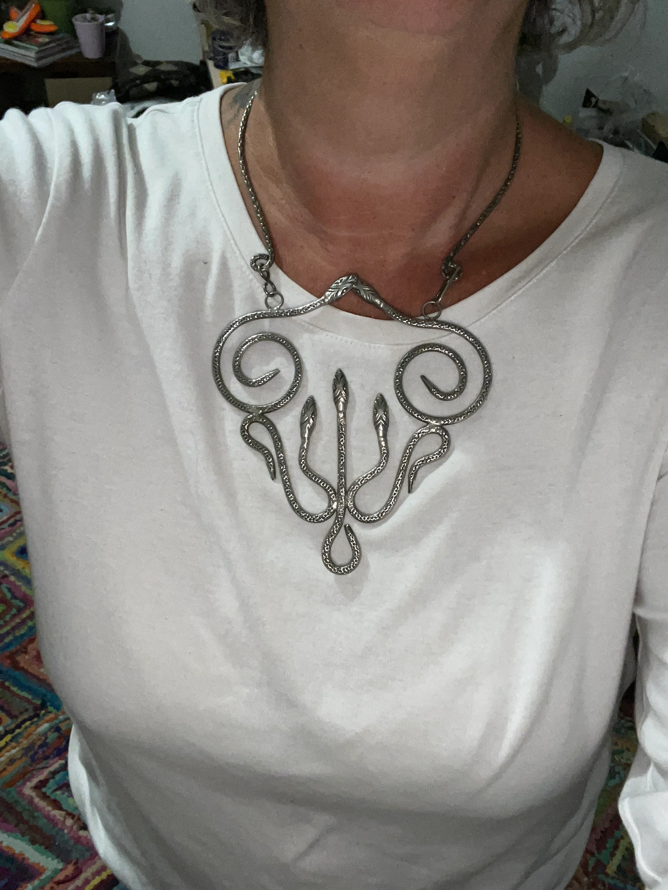 70s/80s Silver Serpent Snake Choker Necklace - Image 9