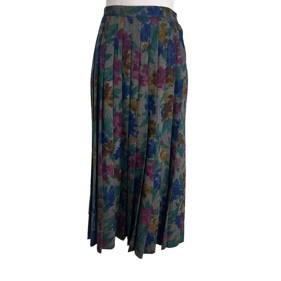 70s/80s Soft Wool Floral Pleated Midi Skirt M By Streets and Compamy - Image 3