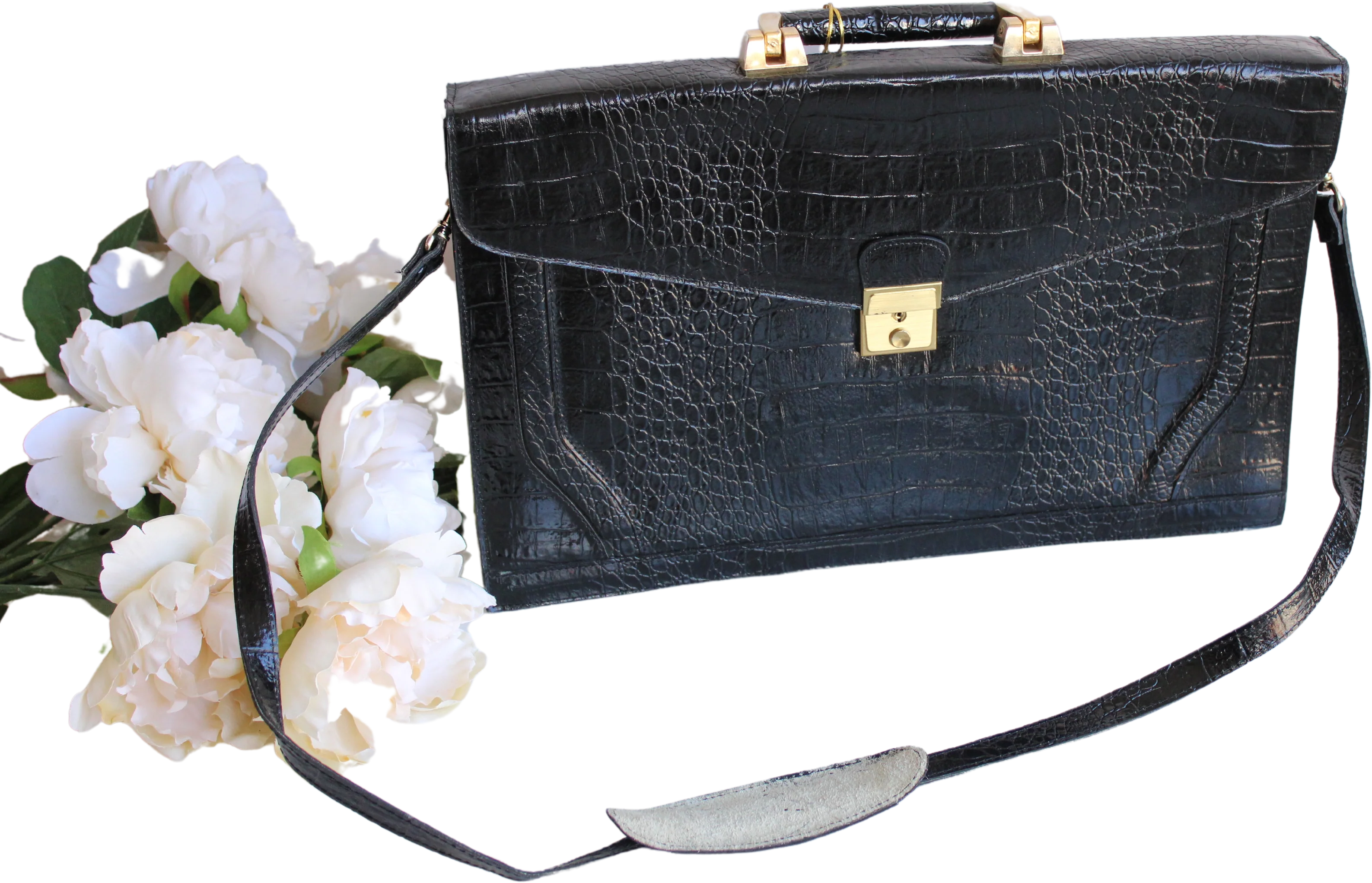 70s/80s Stamped Leather Briefcase With Handle And Strap