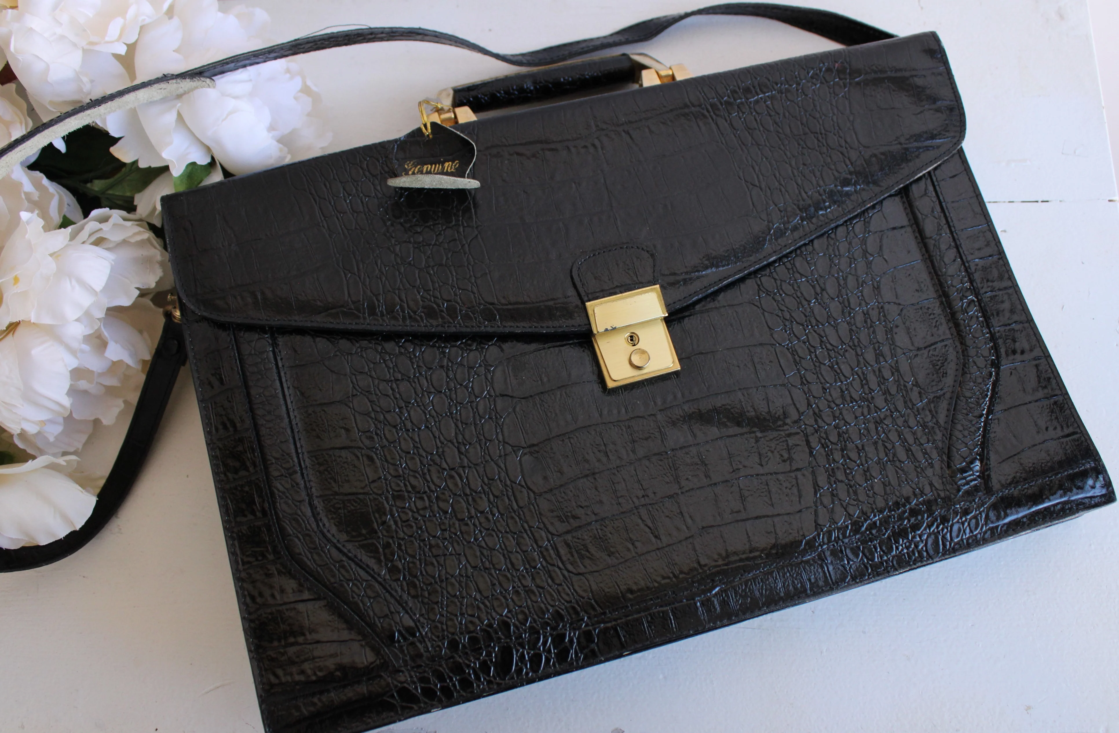 70s/80s Stamped Leather Briefcase With Handle And Strap - Image 6