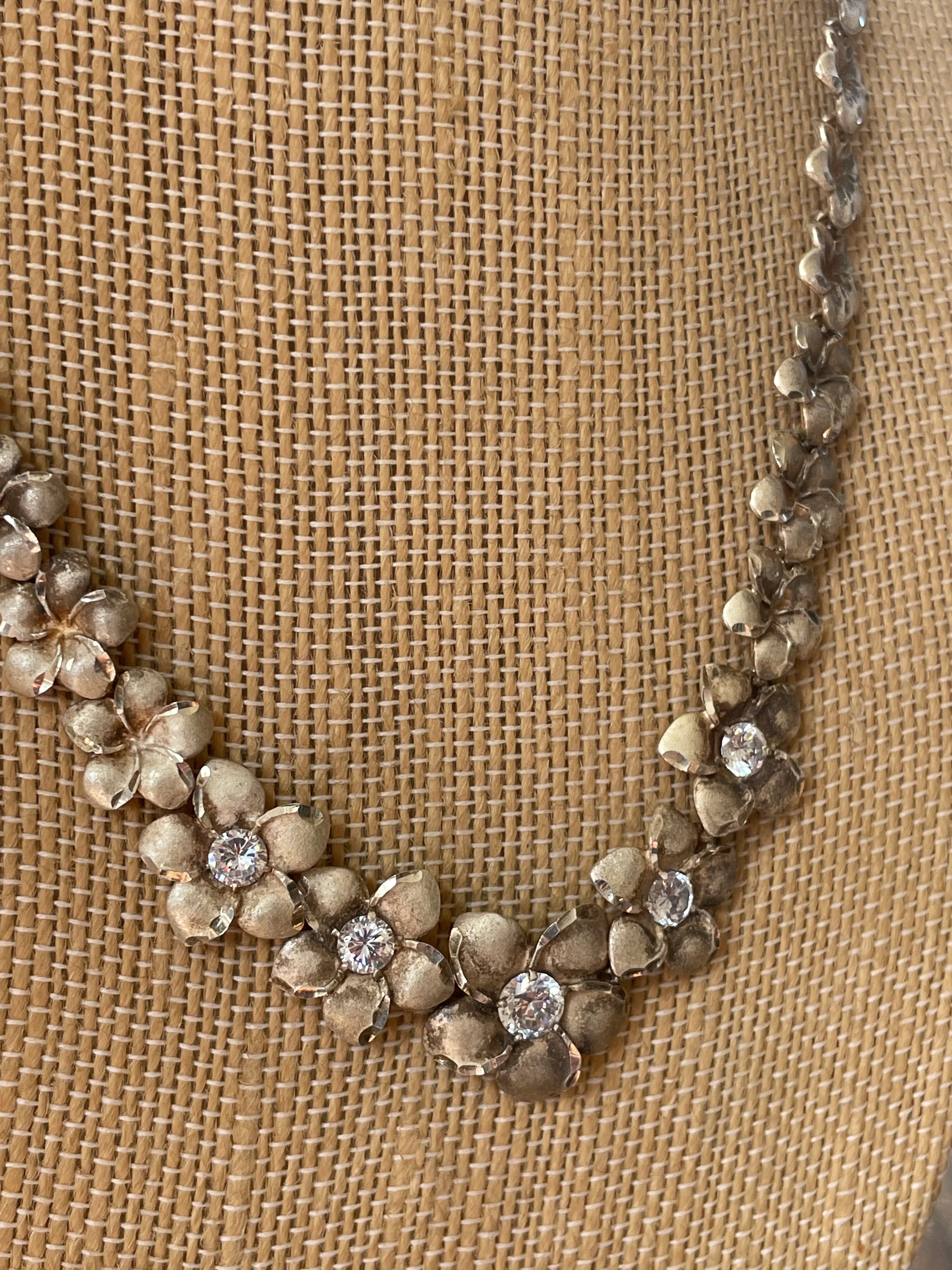 70s/80s Sterling Flower Necklace With Rhinestone Destails - Image 2
