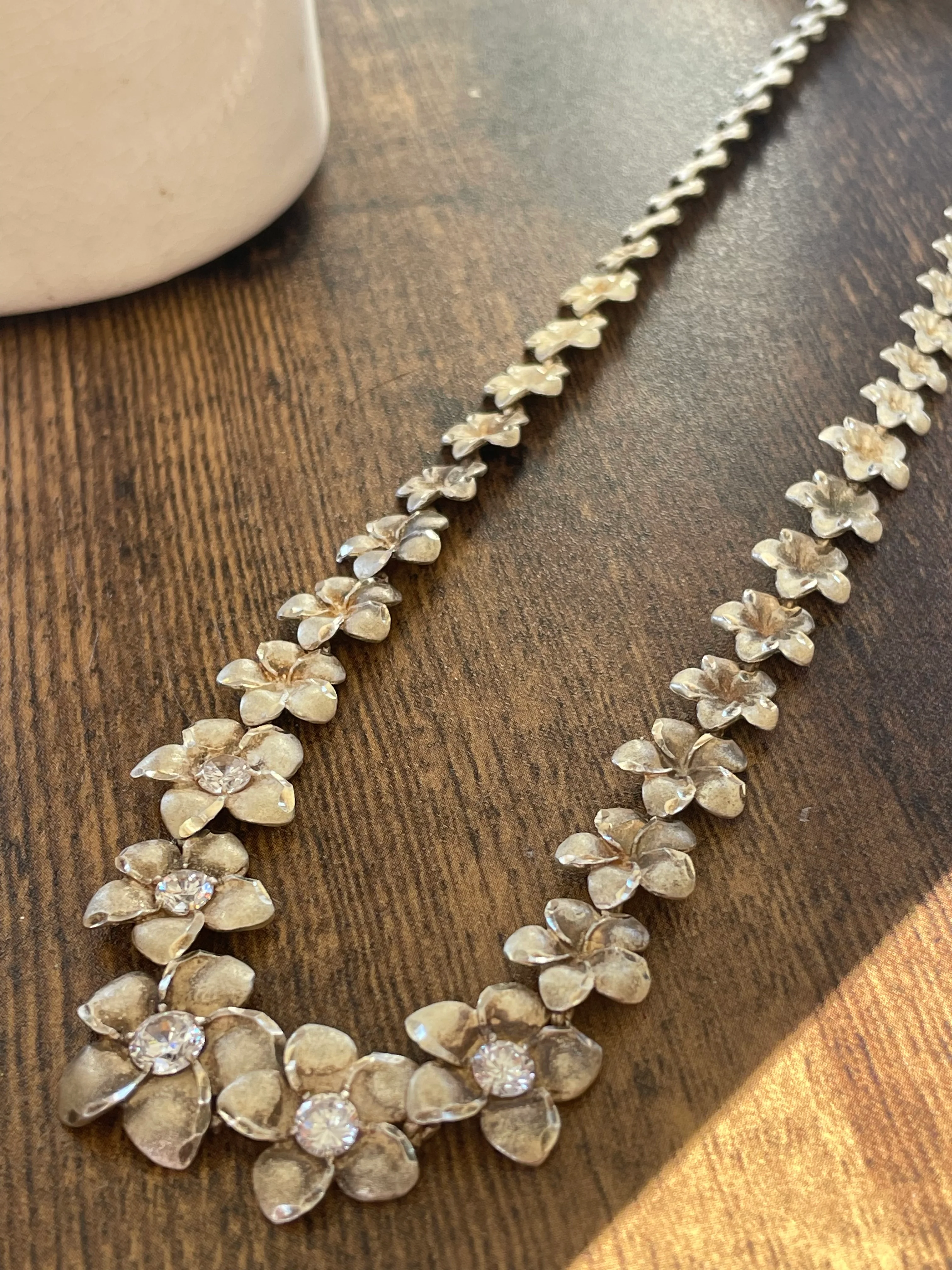 70s/80s Sterling Flower Necklace With Rhinestone Destails - Image 6