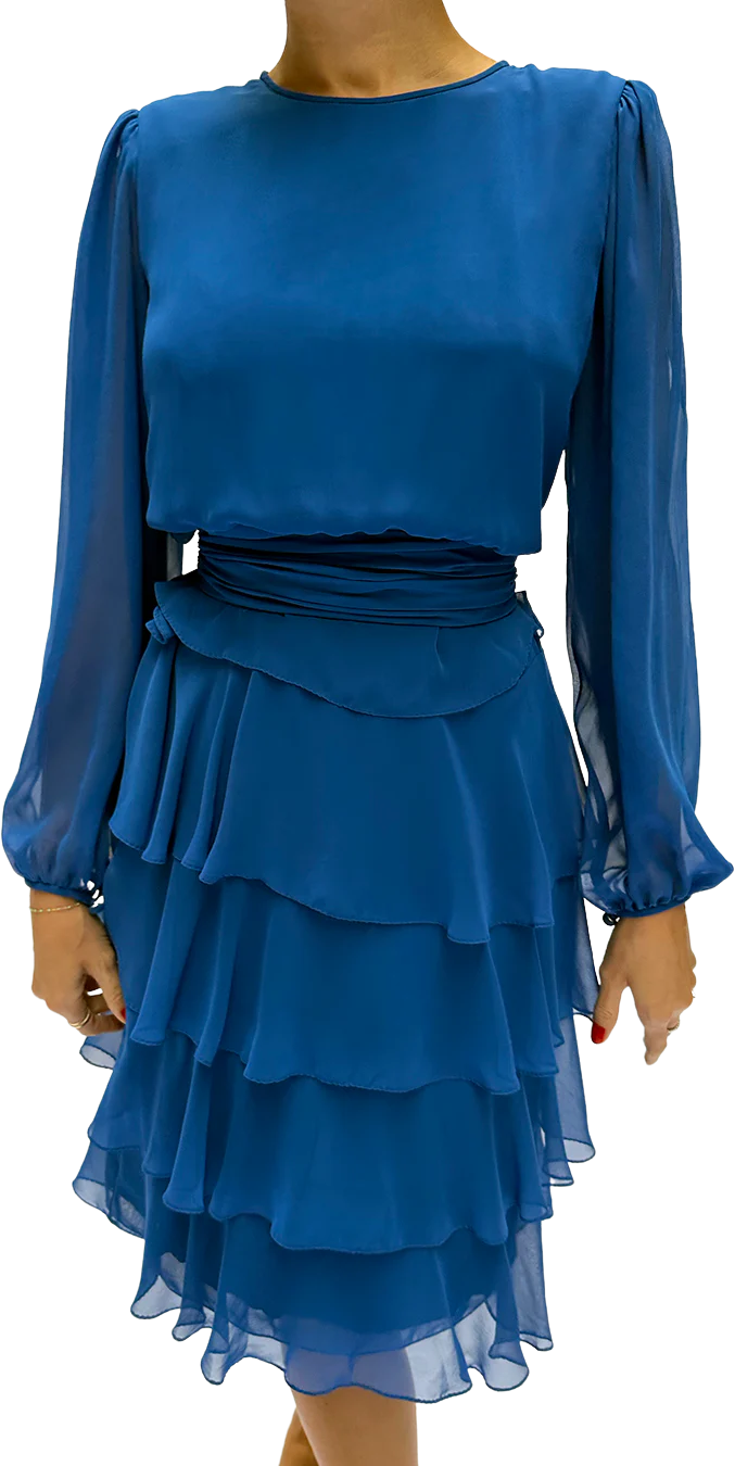 70s/80s Tiered Chiffon Long Sleeve Dress (xs-m) - Image 2