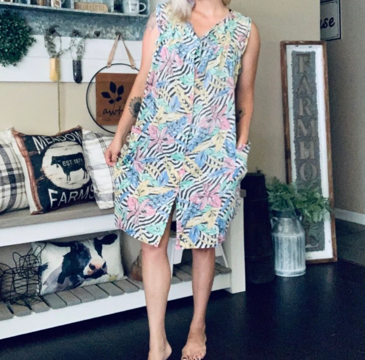 70s/80s Tropical Palm Printed 80s House Coat By Dreamcoats - Image 6