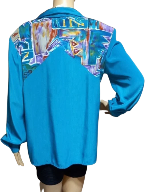 70s/80s Turquoise Polyester Art Deco Button Front Top By City Girl by Nancy Bolen - Image 2