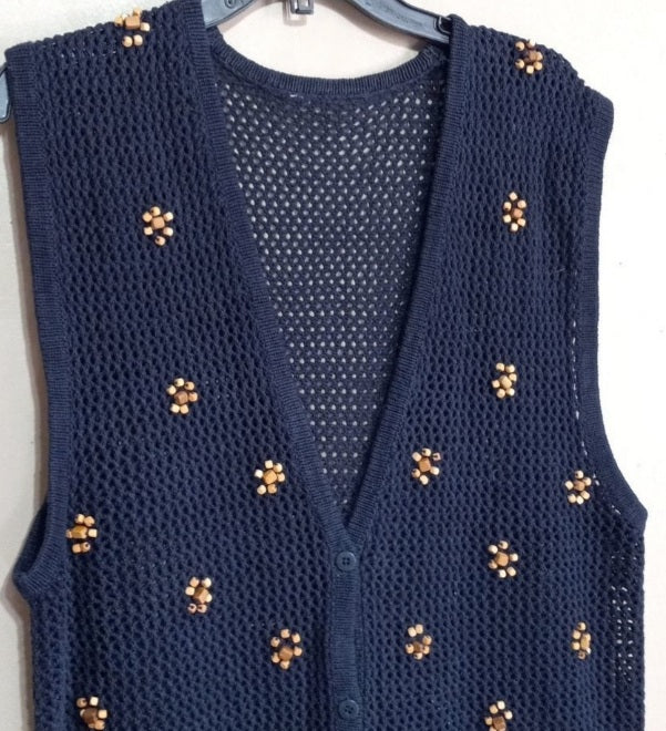 70s/80s V-neck Unisex Sweater Vest Fishnet Beaded Accents - Image 3