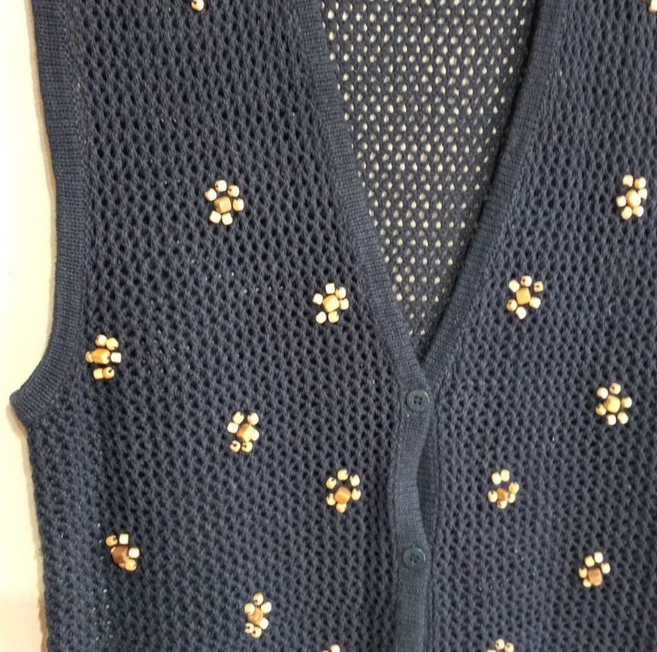 70s/80s V-neck Unisex Sweater Vest Fishnet Beaded Accents - Image 4