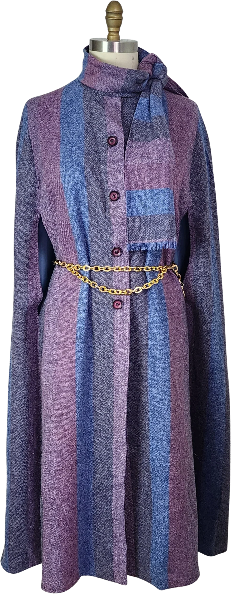 70s/80s Vibrant Blue Purple Gray Stripe Long Cape By Avoca
