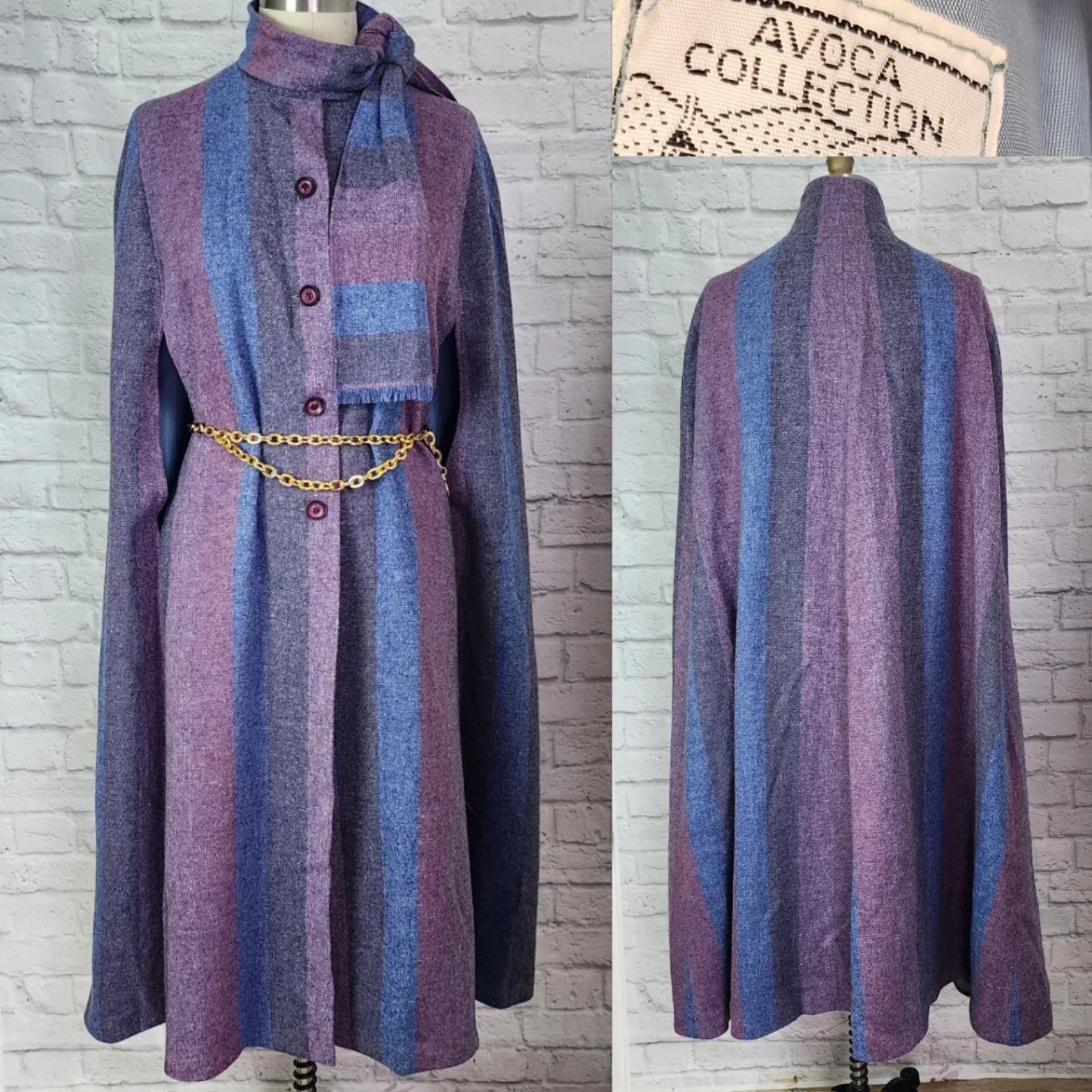 70s/80s Vibrant Blue Purple Gray Stripe Long Cape By Avoca - Image 3