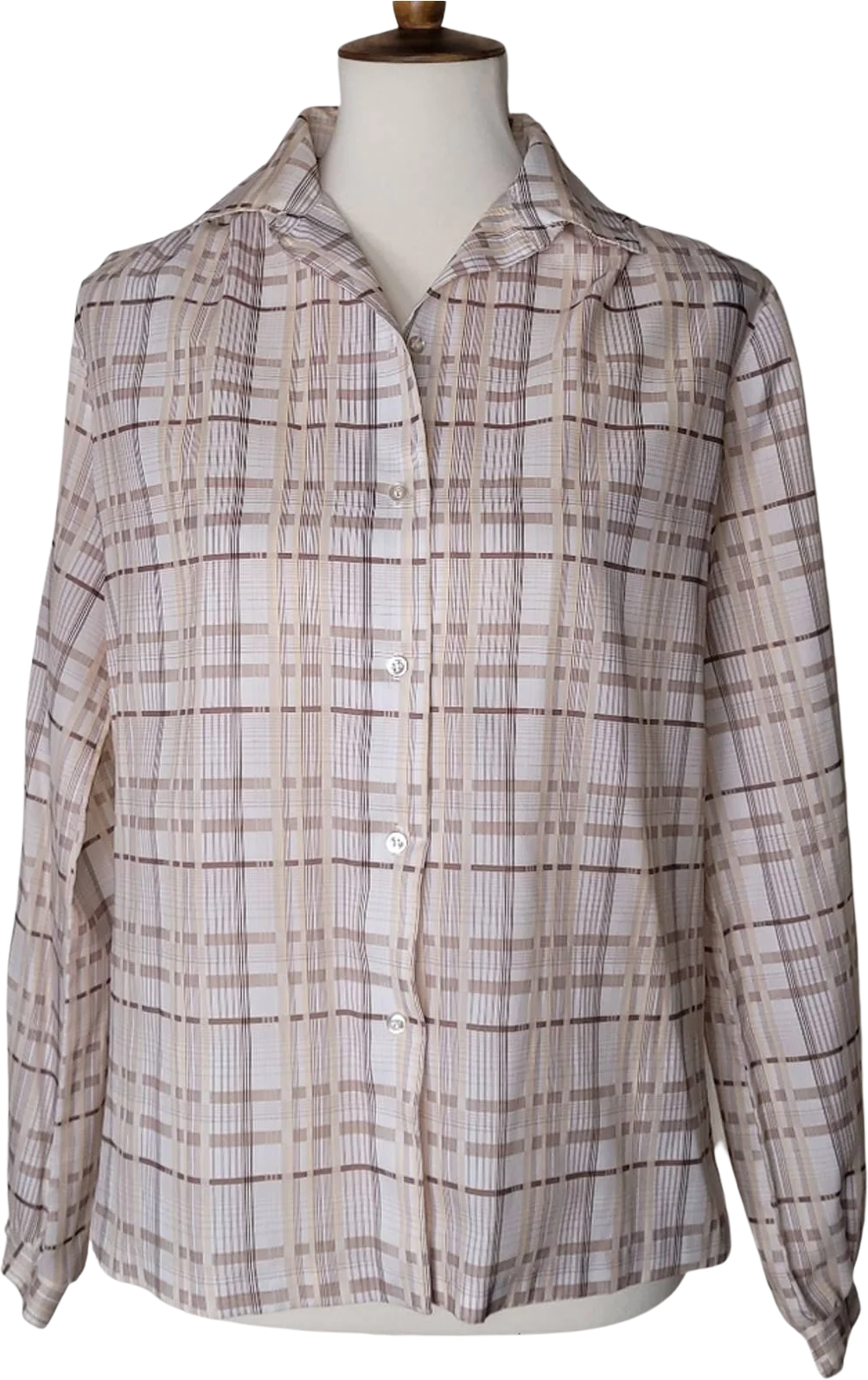 70s/80s Vintage Brown/tan/cream Plaid Button-Down Collared Blouse by Alice Stuart