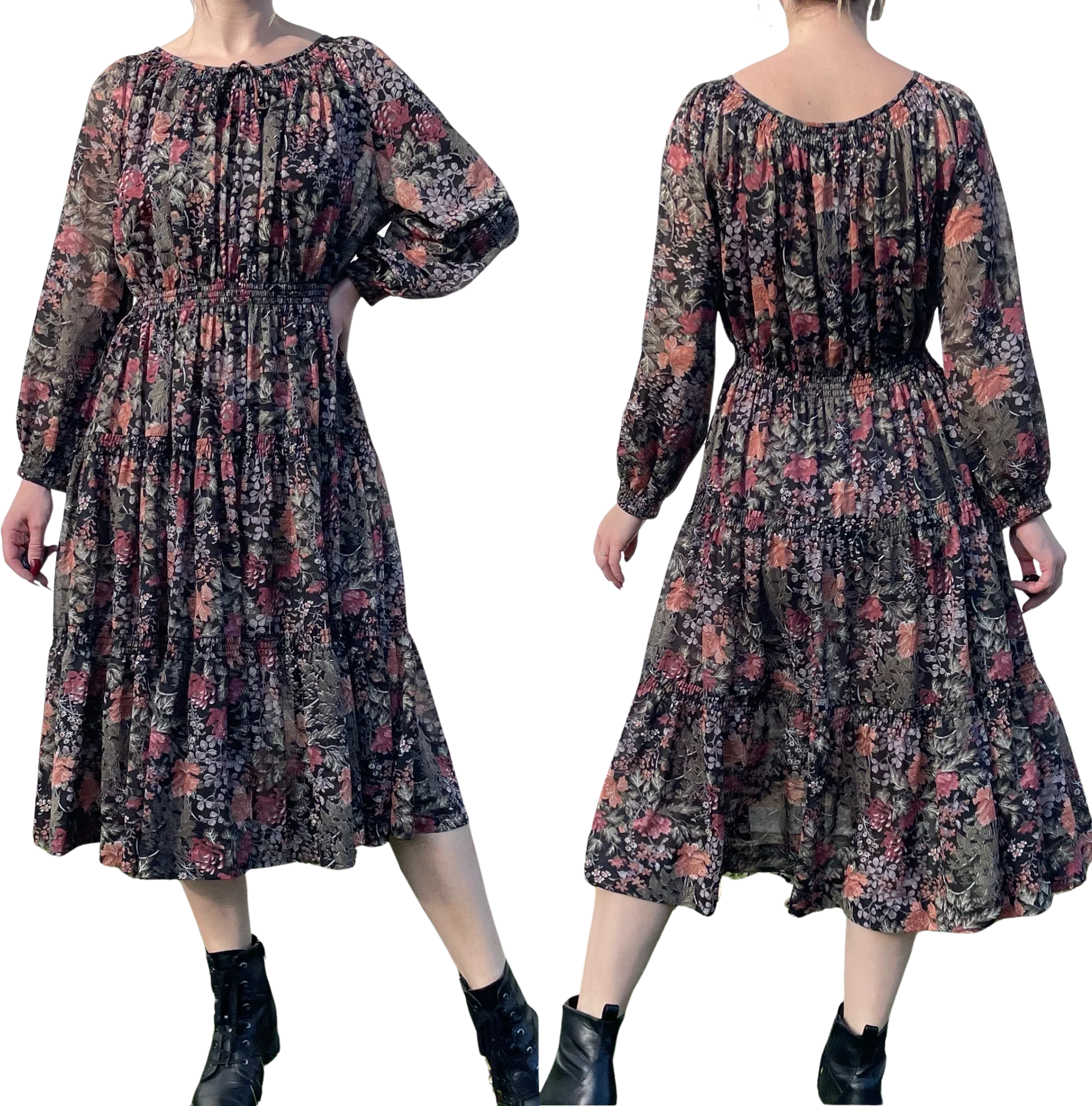 70s/80s Vintage Flowy Floral Dress | Long Sleeve | Unlined - Image 2